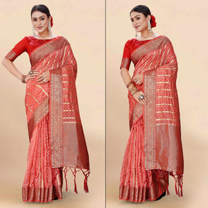 Pink Woven Organza Saree With Tassels