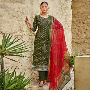 Olive Green Bandhani Printed Pure Cotton Salwar Suit
