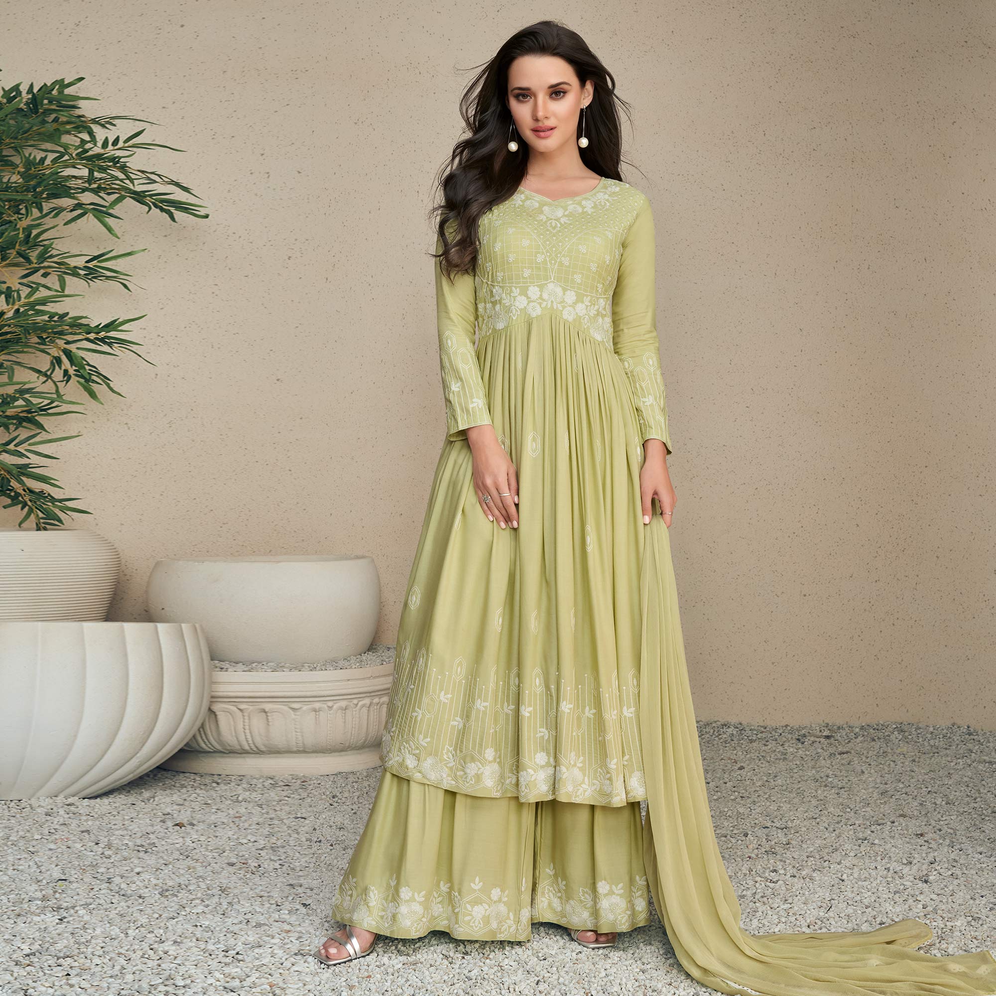 Green Lucknowi Embroidered Rayon Anarkali Palazzo Suit
