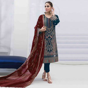 Blue Embroidered Georgette Semi Stitched Pakistani Suit