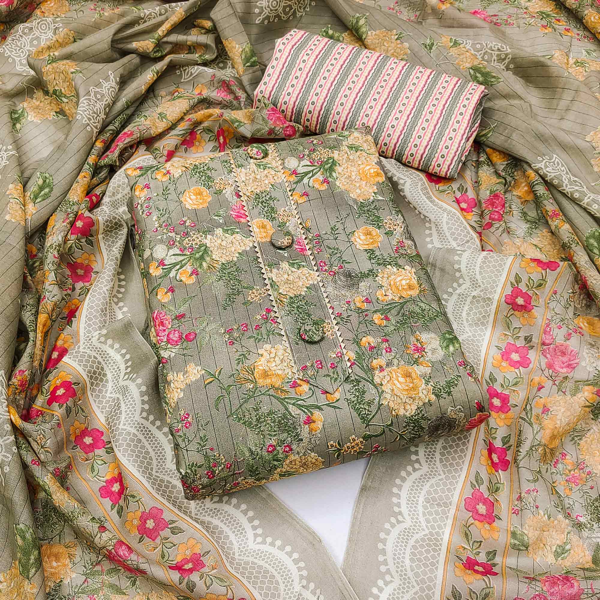 Grey Floral Printed Printed Cotton Blend Dress Material