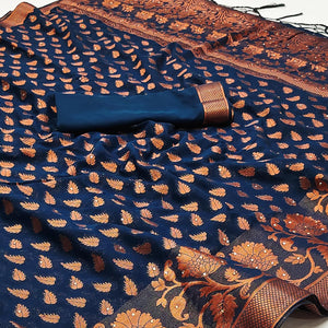 Navy Blue Floral Woven Chiffon Saree