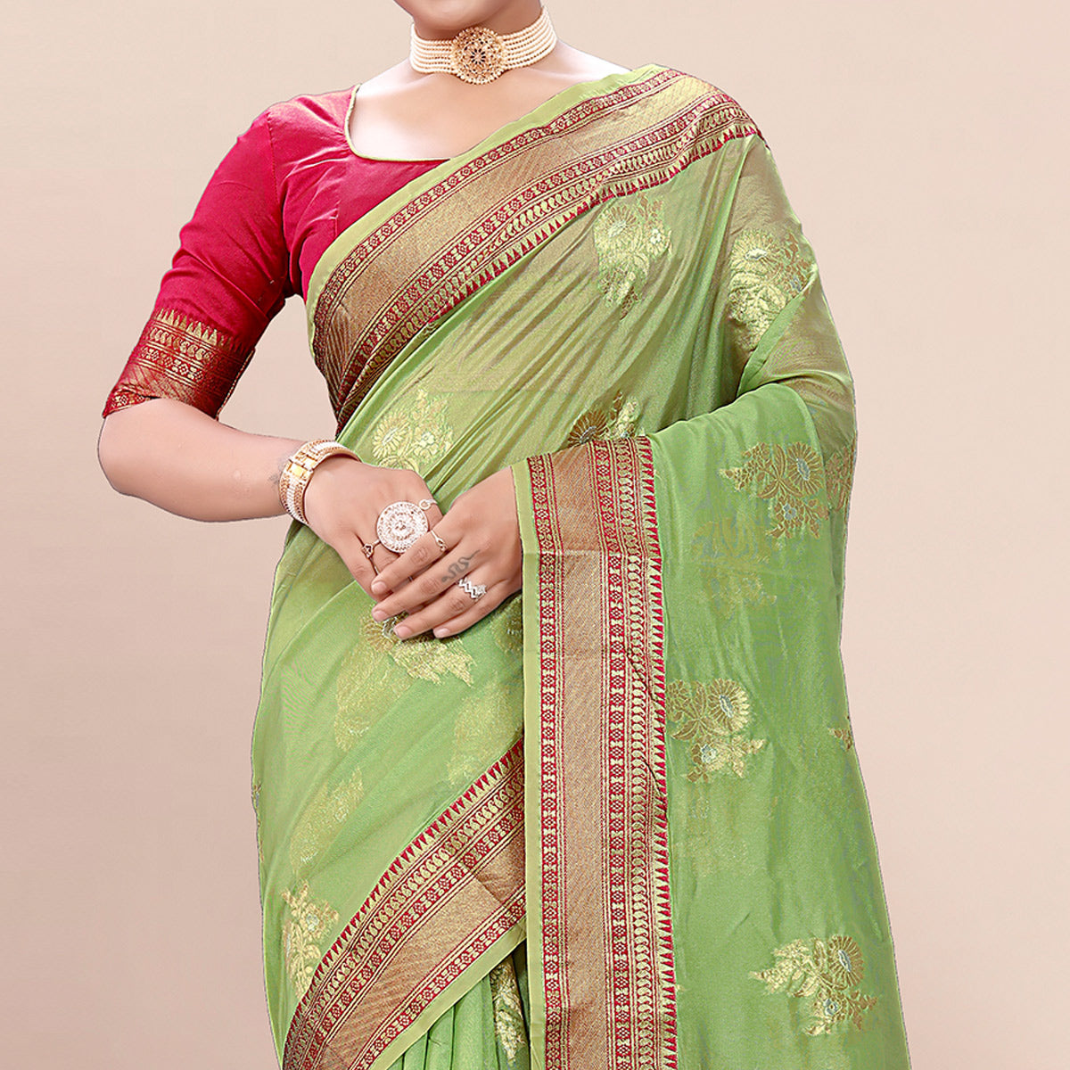 Green Woven Organza Saree With Tassels