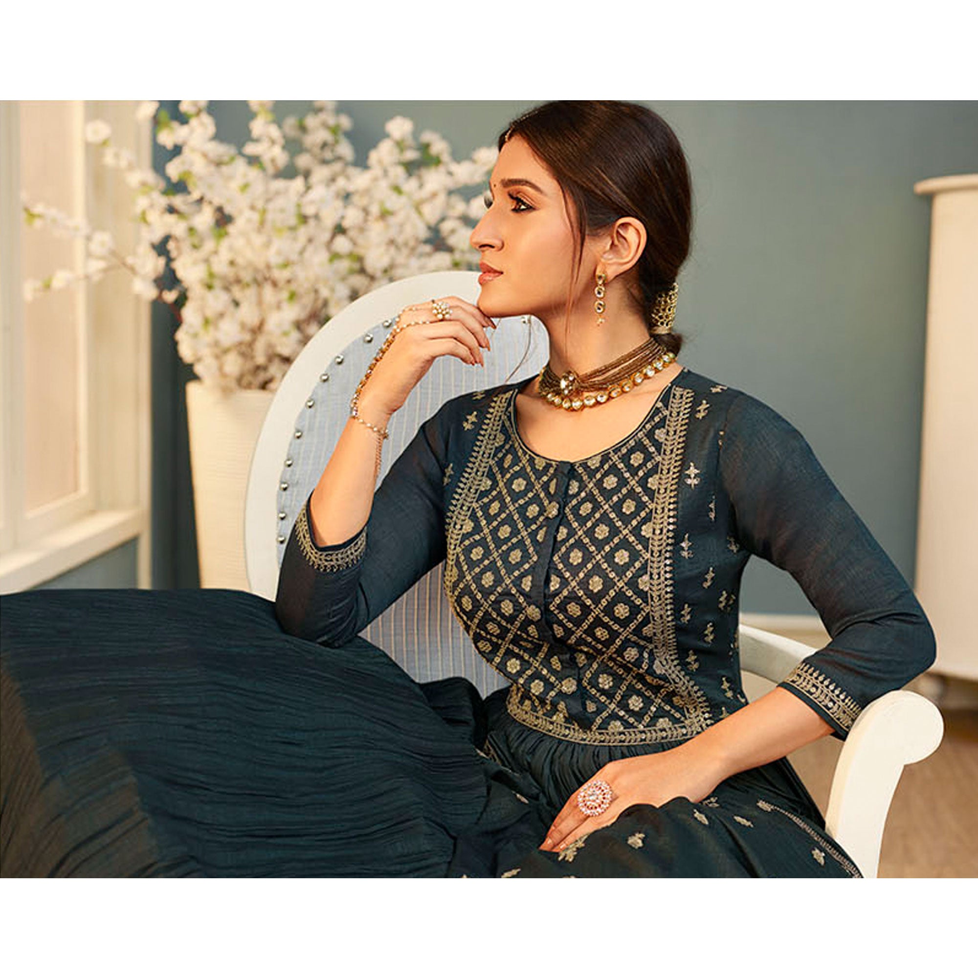 Grey Embroidered Georgette Gown