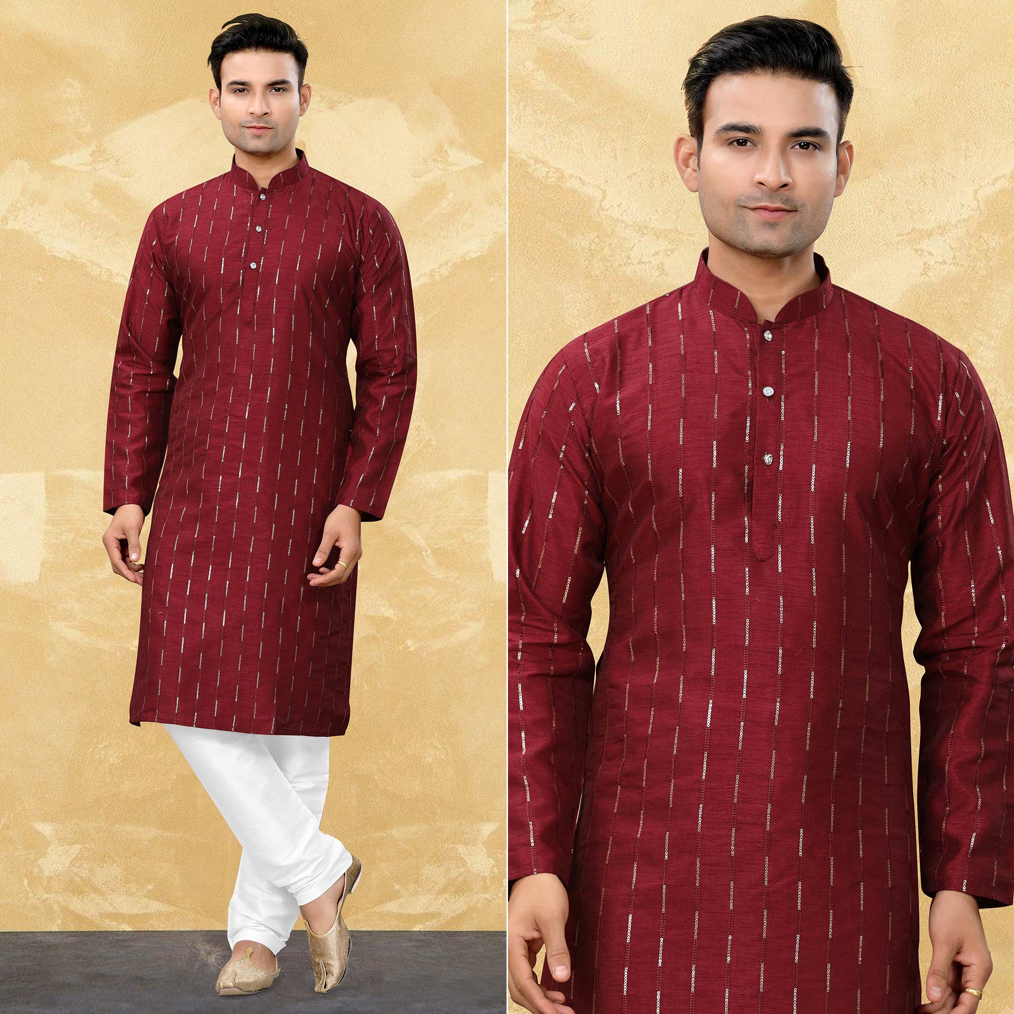 Red Sequins Embroidered Art Silk Kurta Pyjama Set