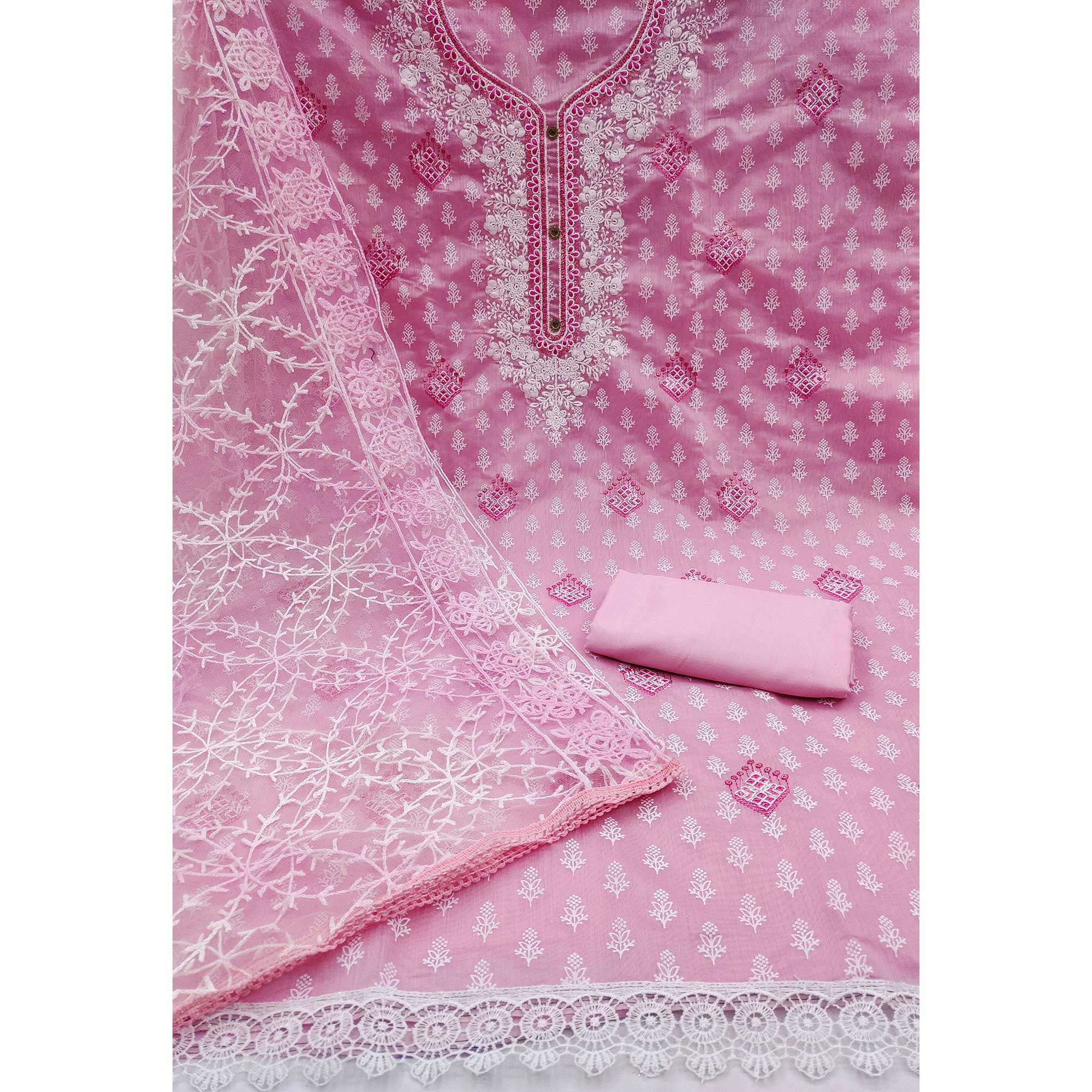Pink Floral Embroidered Chanderi Dress Material