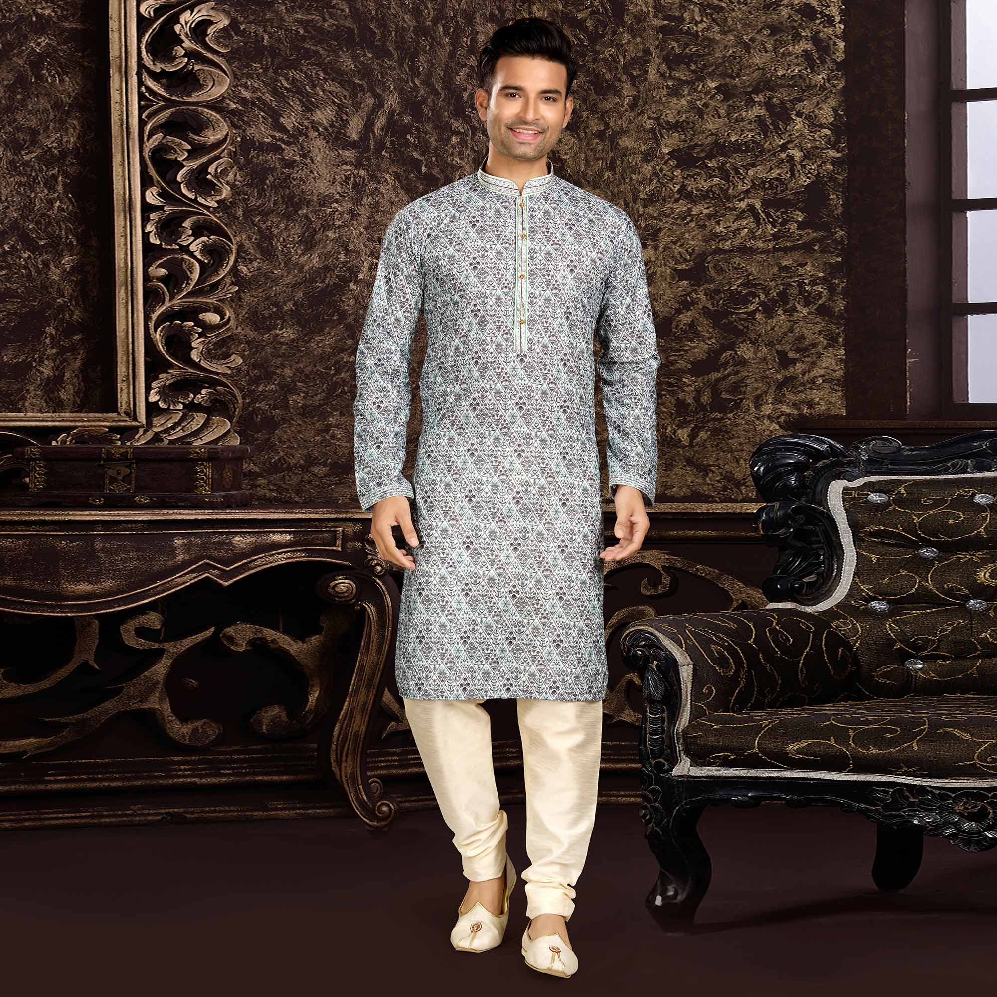 Grey Lucknowi And Digital Printed Cotton Kurta Pyjama Set