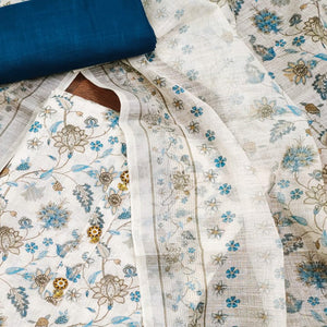 White & Blue Floral Digital Printed Cotton Dress Material