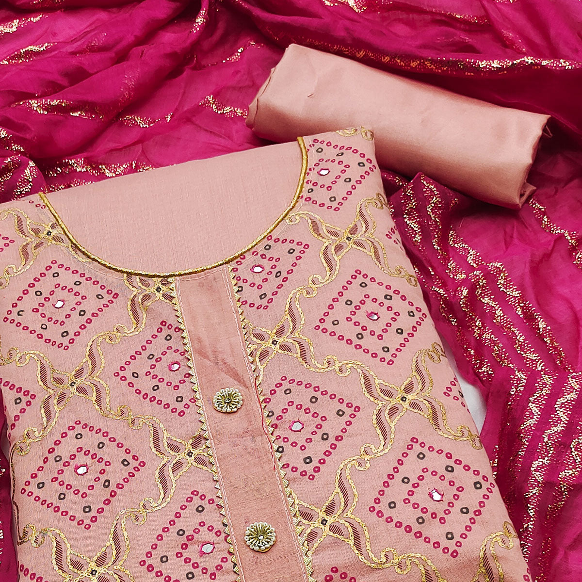 Pink Embroidered Chanderi Dress Material