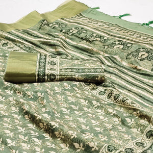 Green Floral Digital Printed Matka Tussar Silk Saree With Tassels