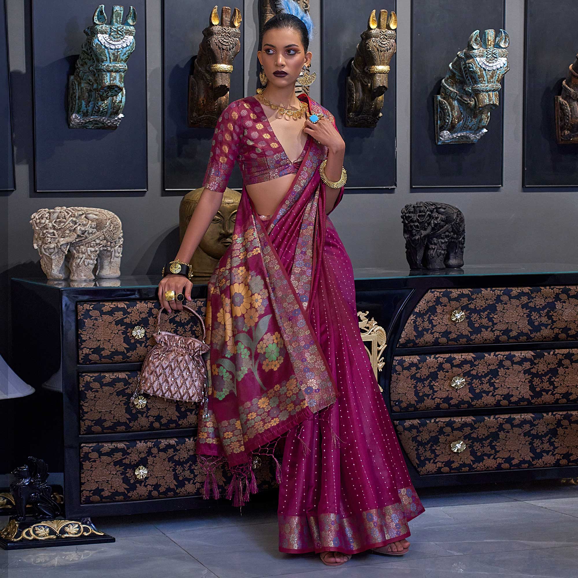 Magenta Pink Woven With Sequins Work Organza Saree