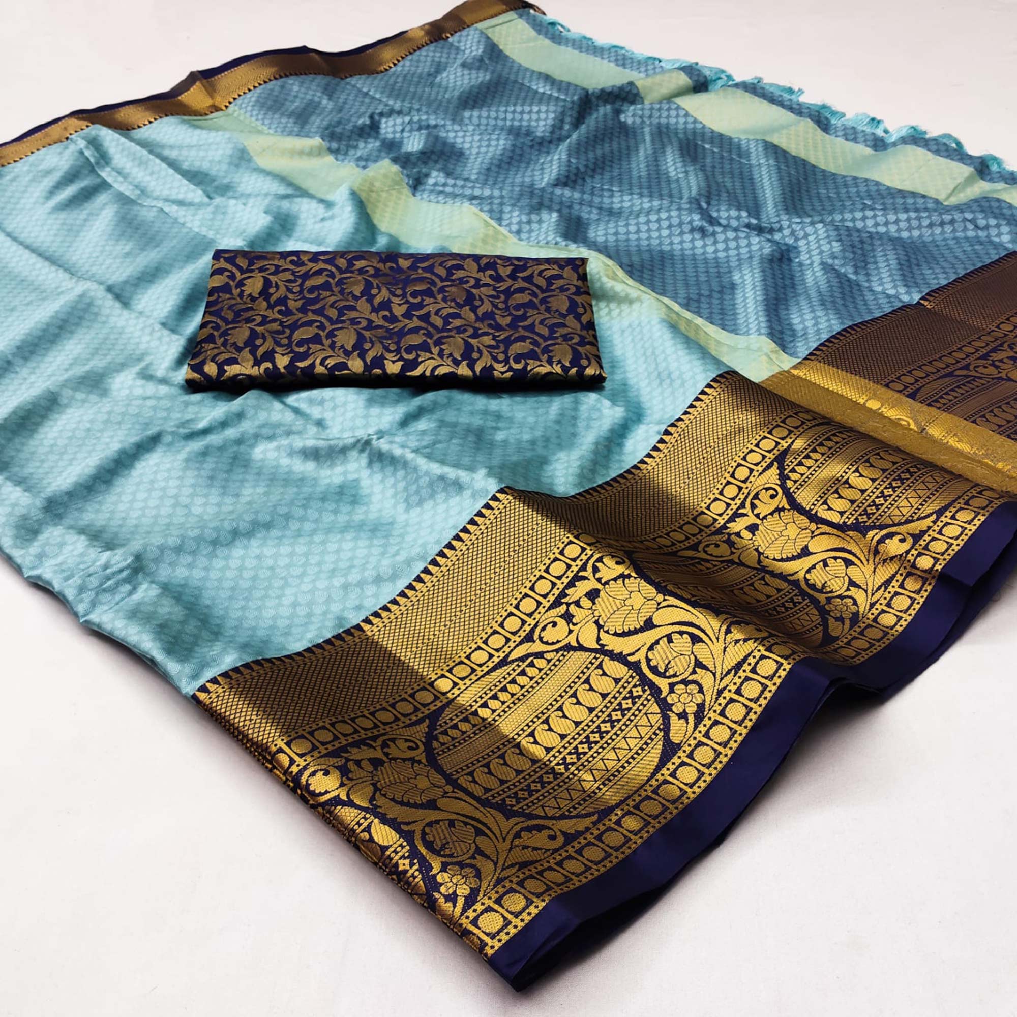 Sky Blue Woven Cotton Silk Saree With Tassels