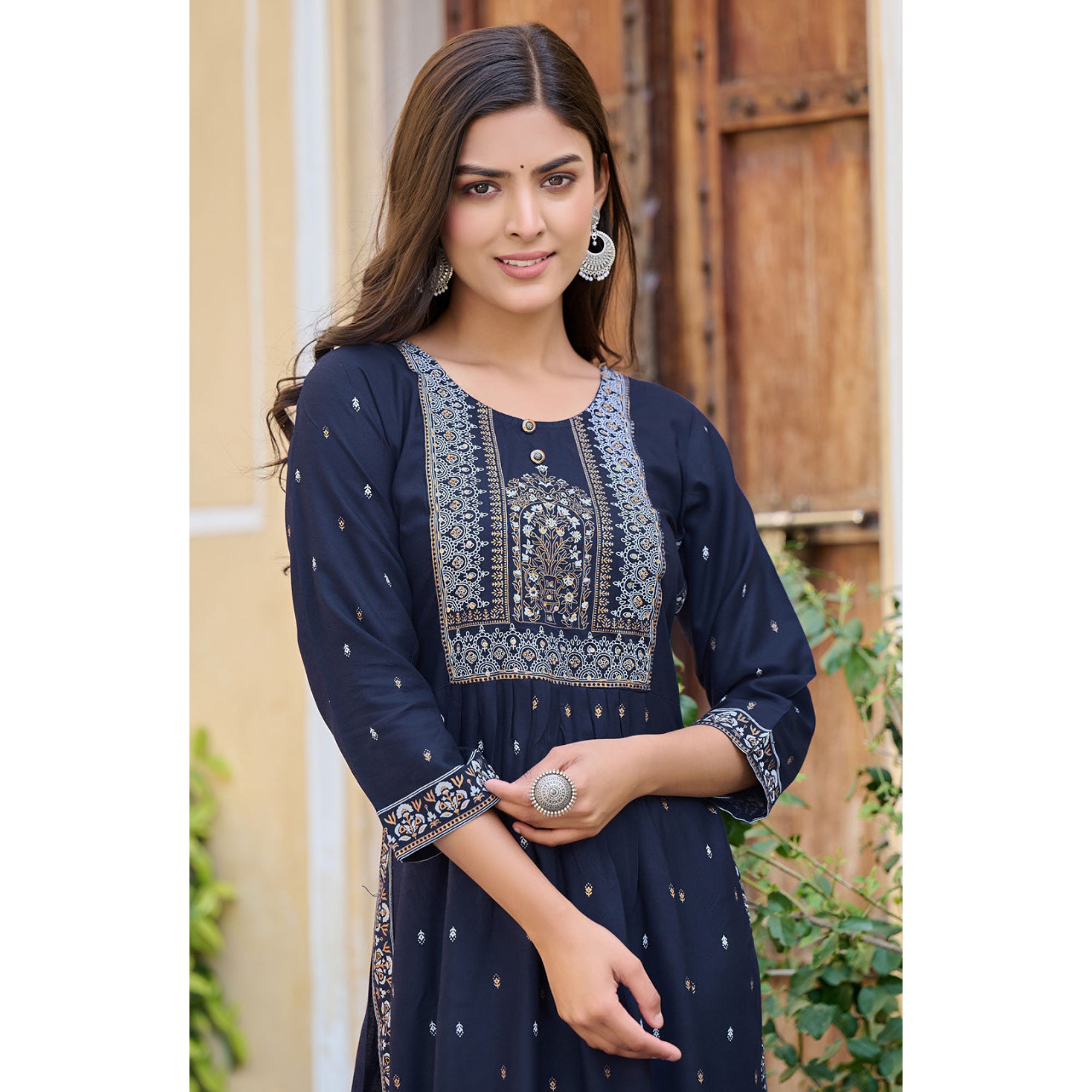 Navy Blue Printed Rayon Naira Cut Kurti