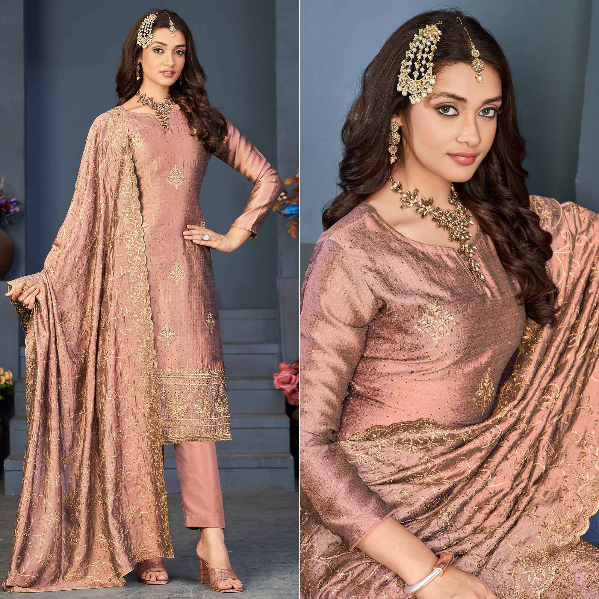 Peach Sequins Embroidered Vichitra Silk Suit