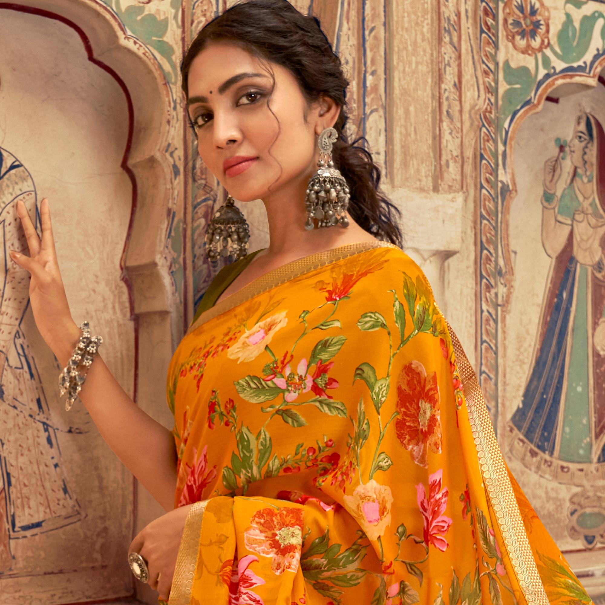 Orange Floral Printed Chiffon Saree
