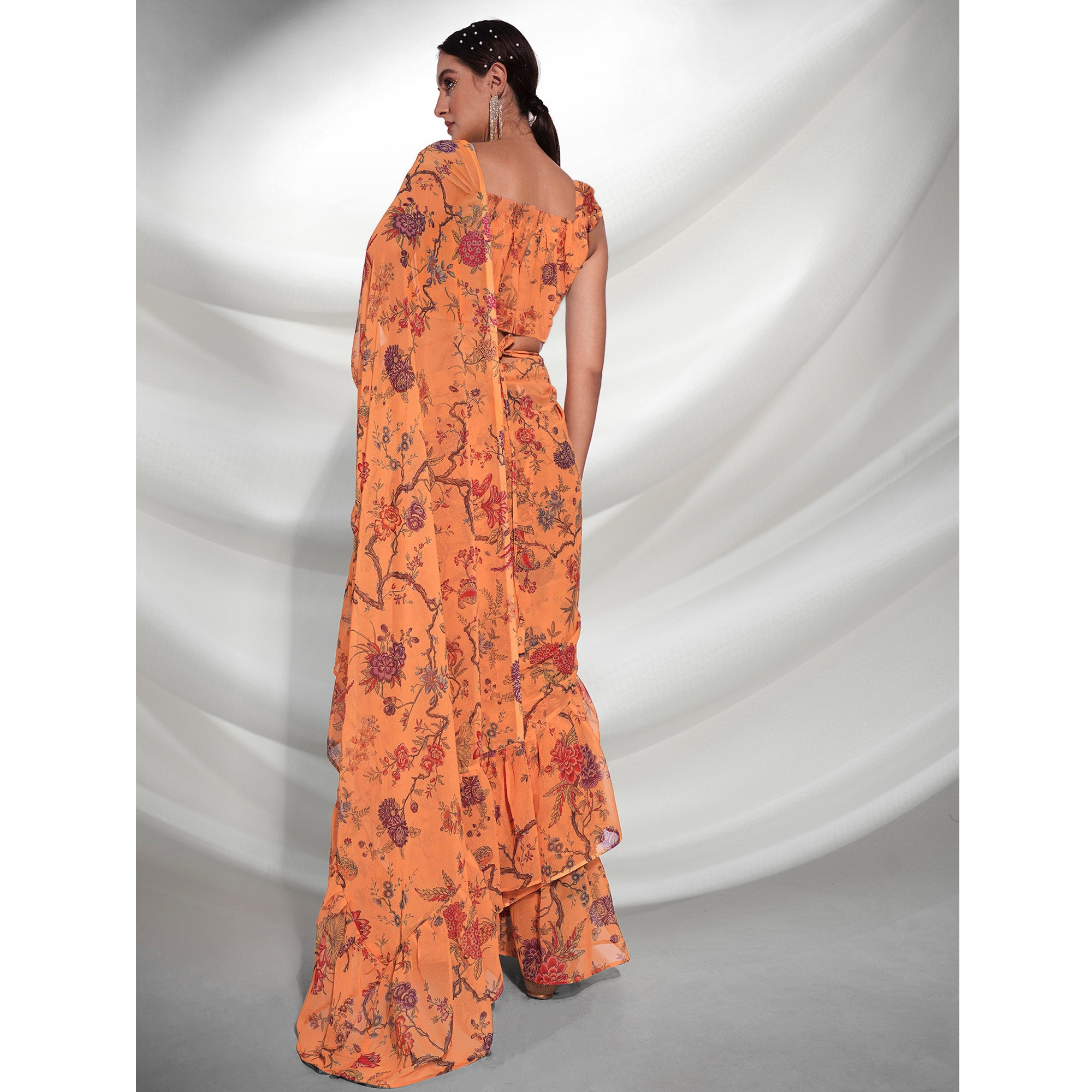 Orange Floral Printed Georgette Frill Saree