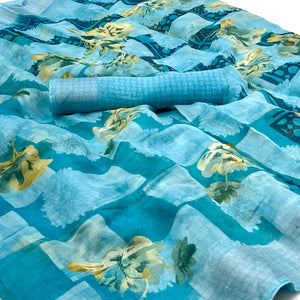 Blue Floral Printed Linen Saree