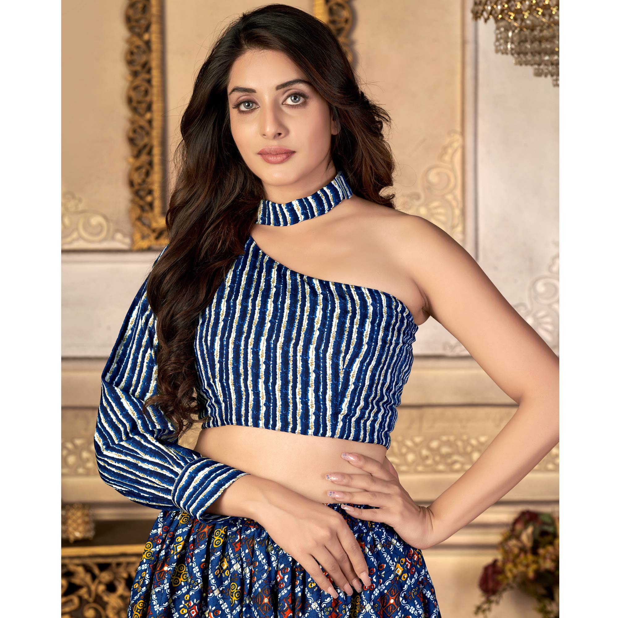 Blue Printed Crepe Top Skirt Set