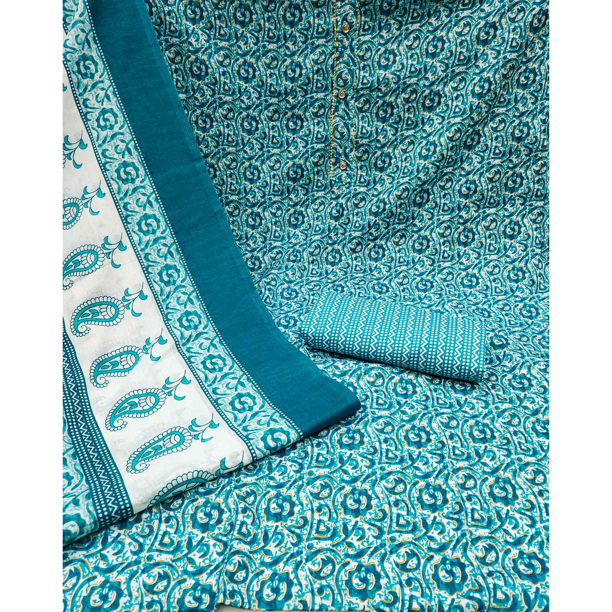 Turquoise Floral Printed Cotton Dress Material