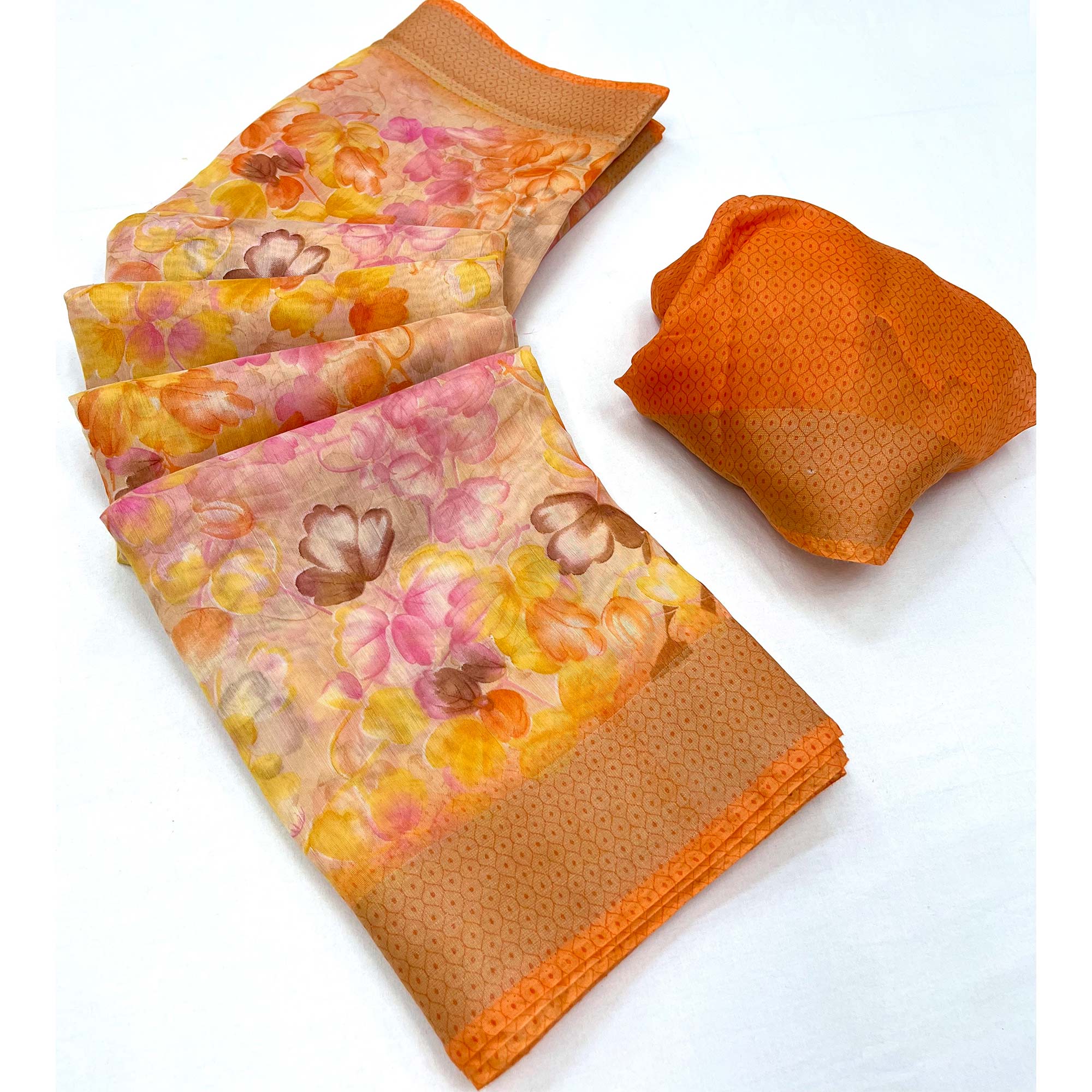 Peach Floral Printed Linen Saree