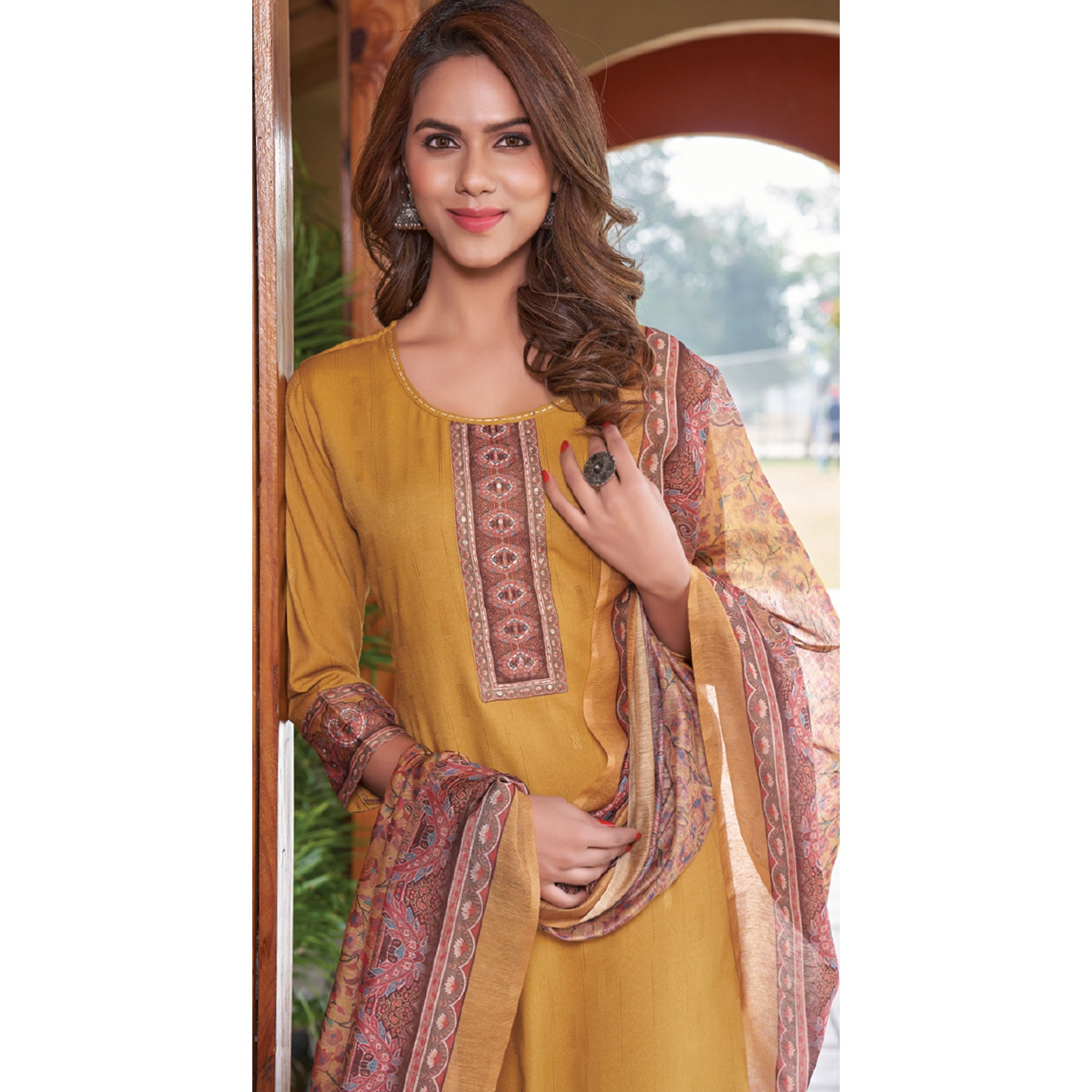 Mustard Embroidered Rayon Kurti With Dupatta