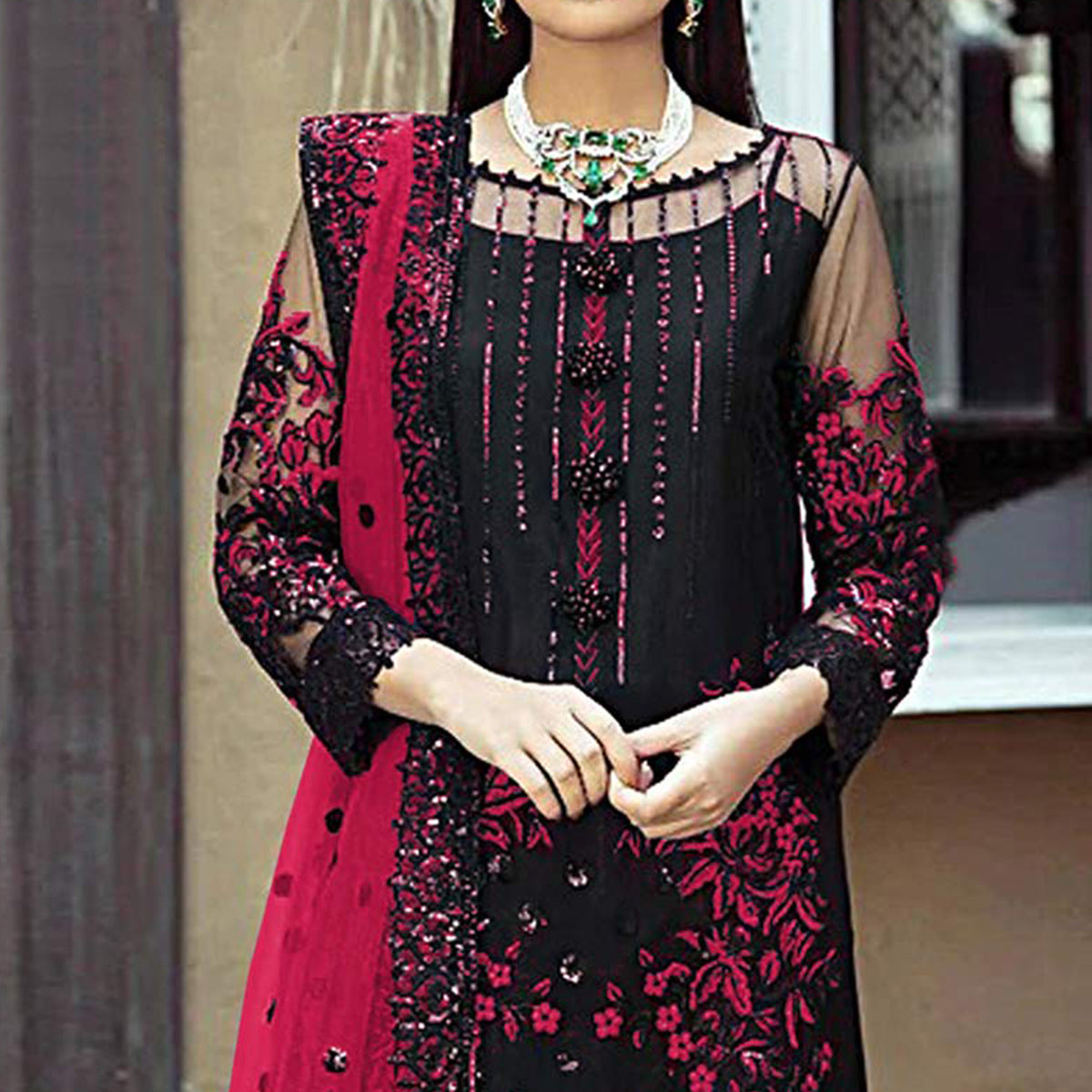 Black Floral Sequins Embroidered Georgette Pakistani Suit