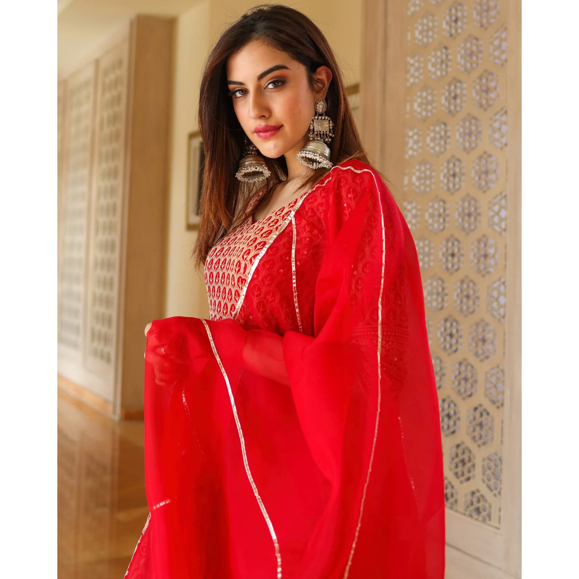 Red Embroidered Rayon Gown