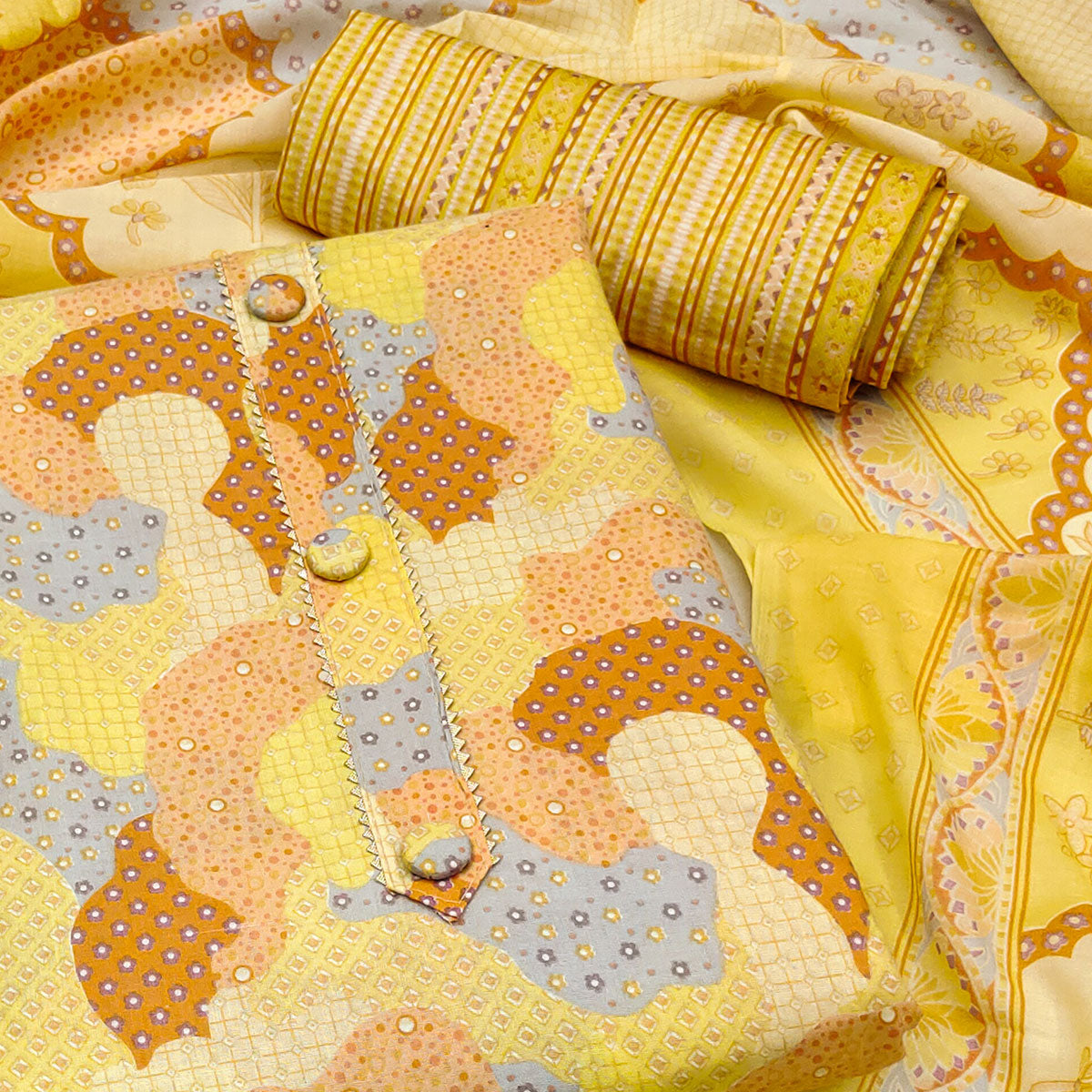 Yellow Printed Cotton Blend Dress Material