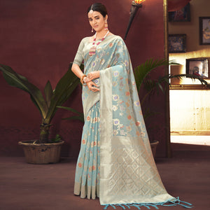 Blue Floral Woven Art Silk Saree