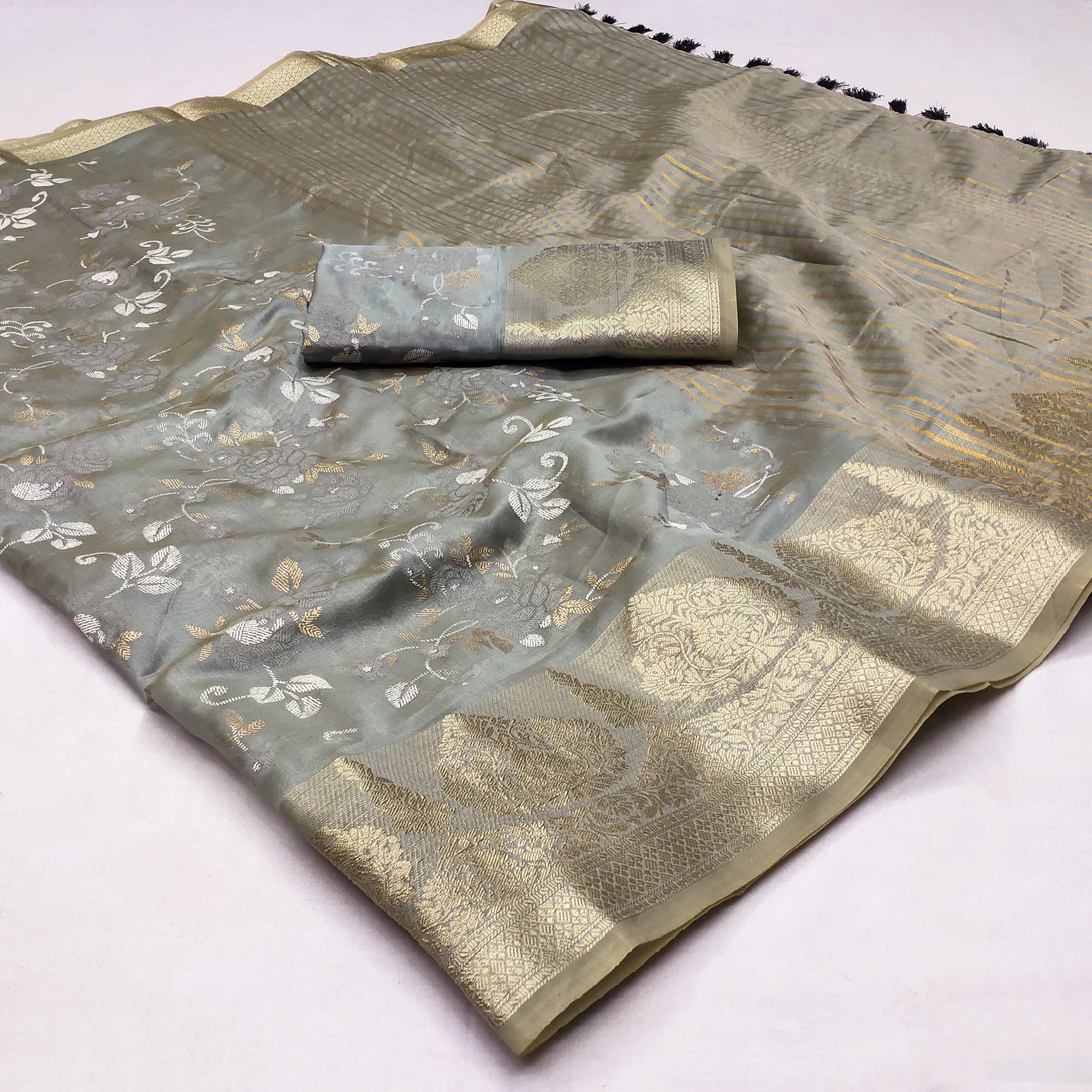 Grey Woven Organza Saree With Tassels