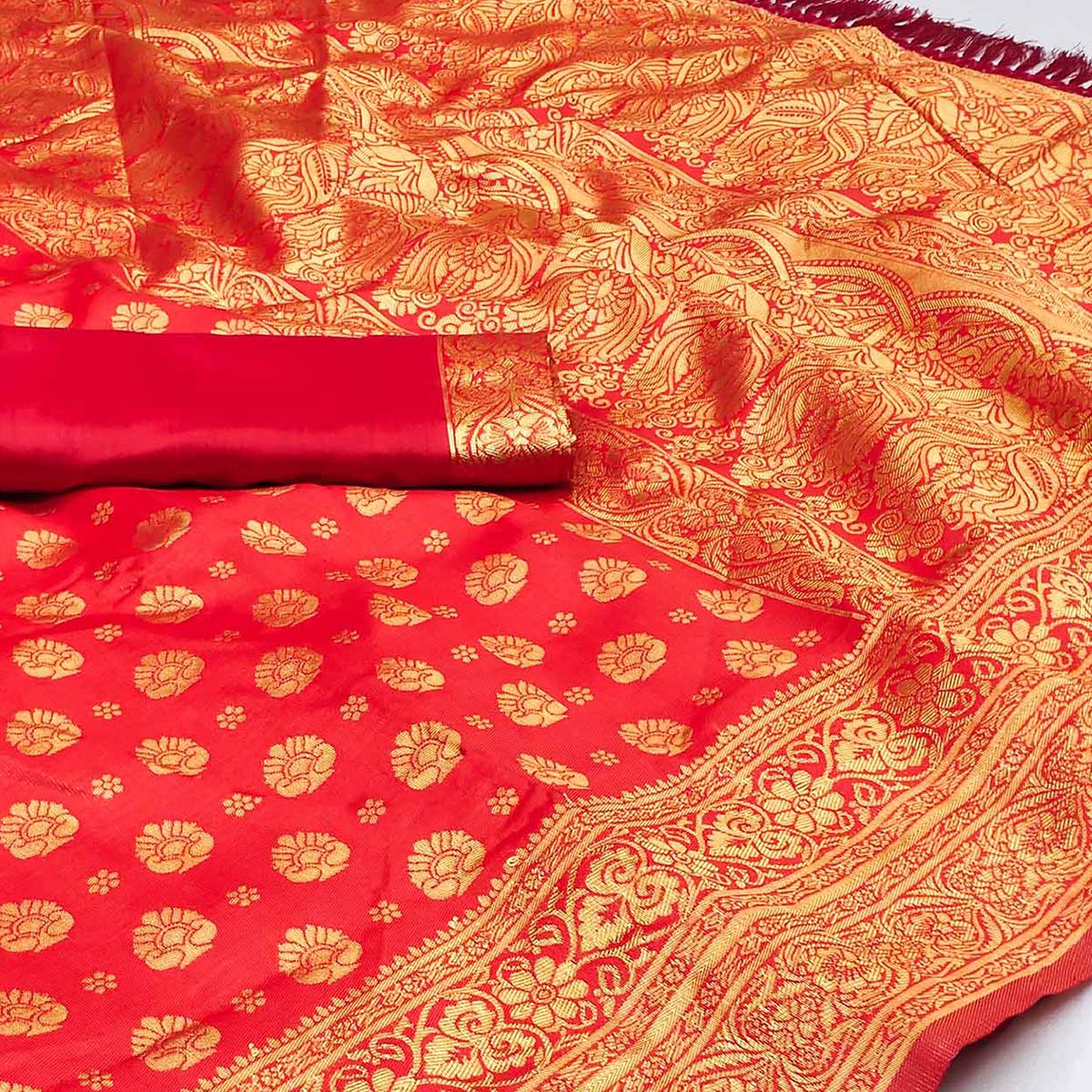 Red Woven Jacquard Saree With Tassels