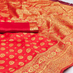 Red Woven Jacquard Saree With Tassels