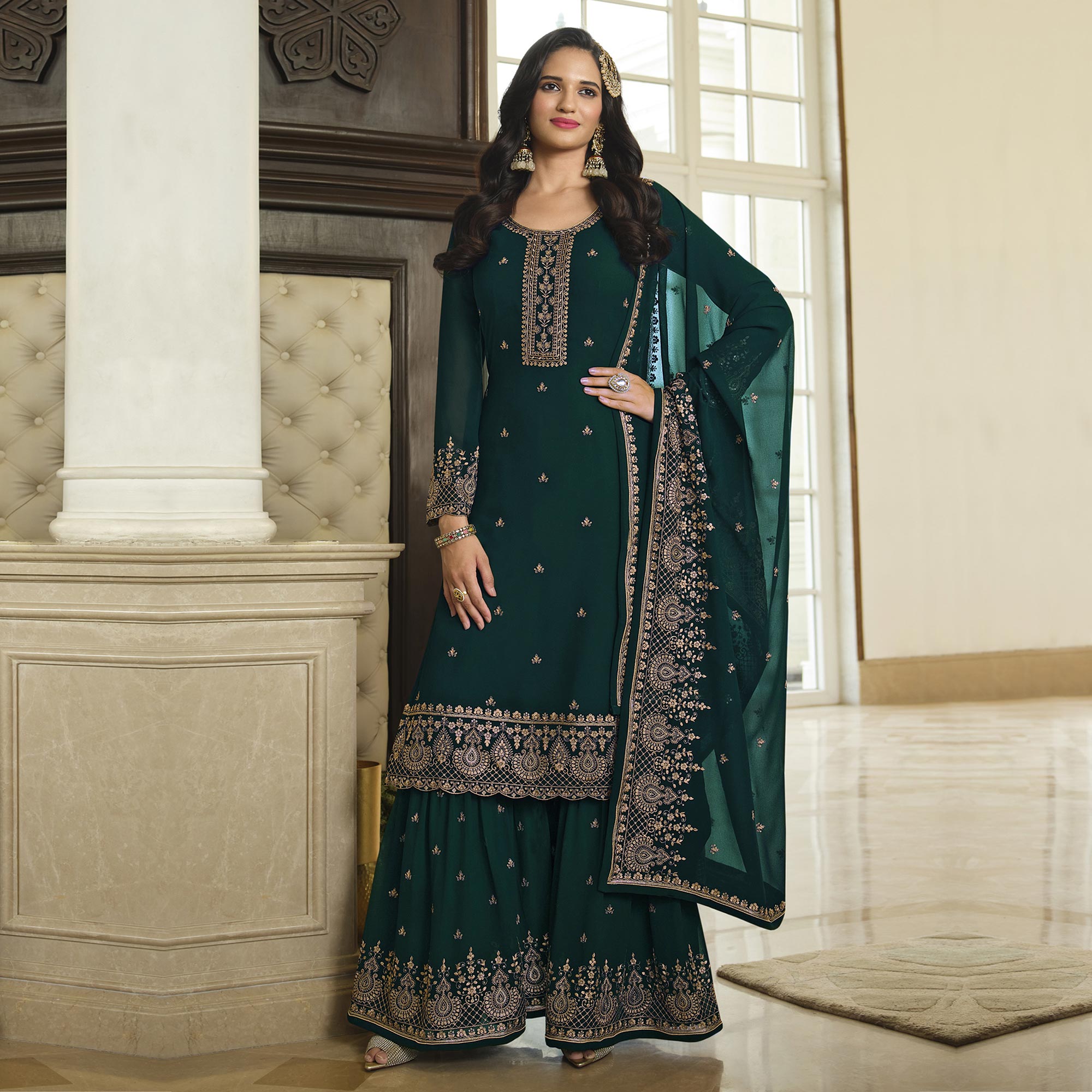Green Floral Embroidered Georgette Sharara Suit