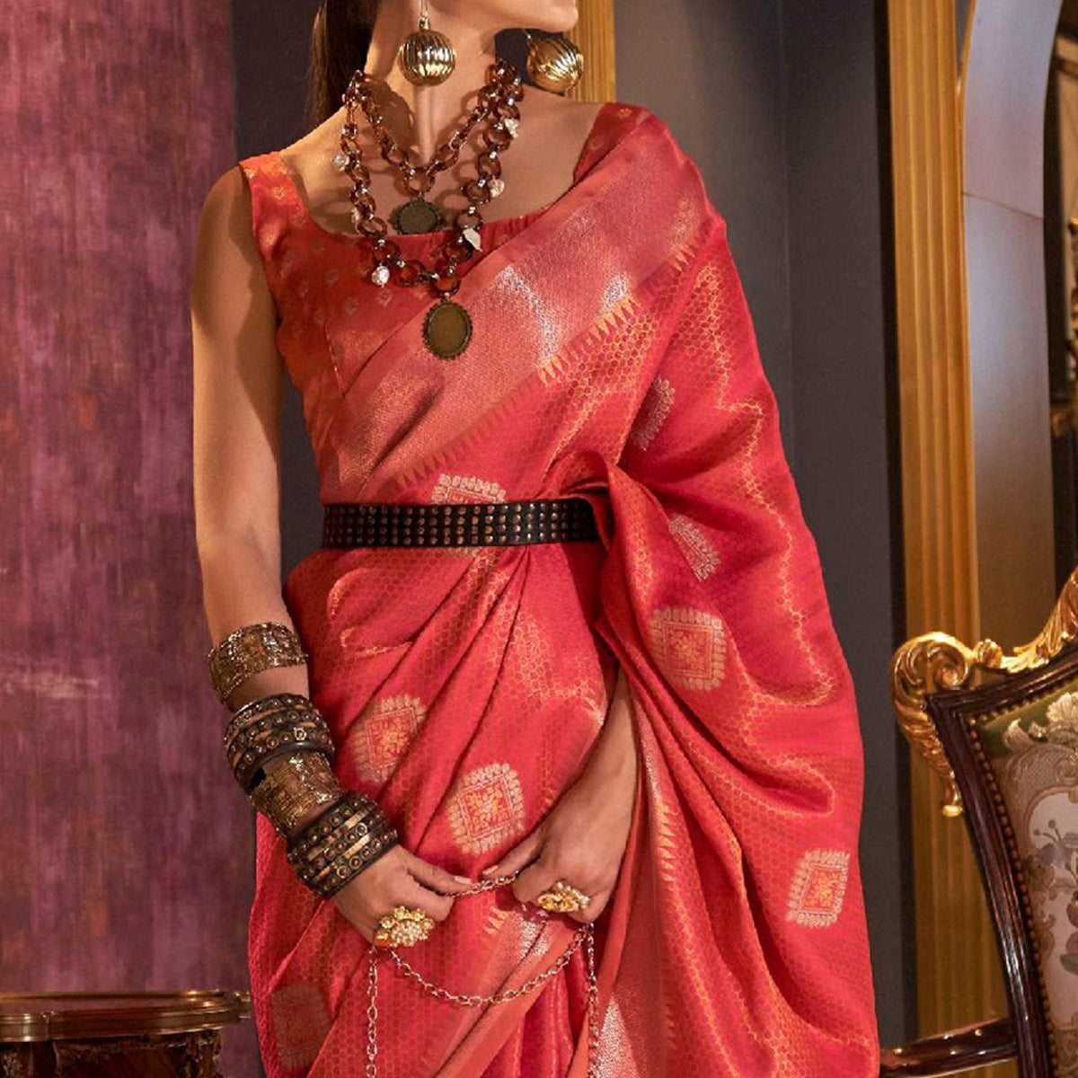 Pink Woven Art Silk Saree With Tassels