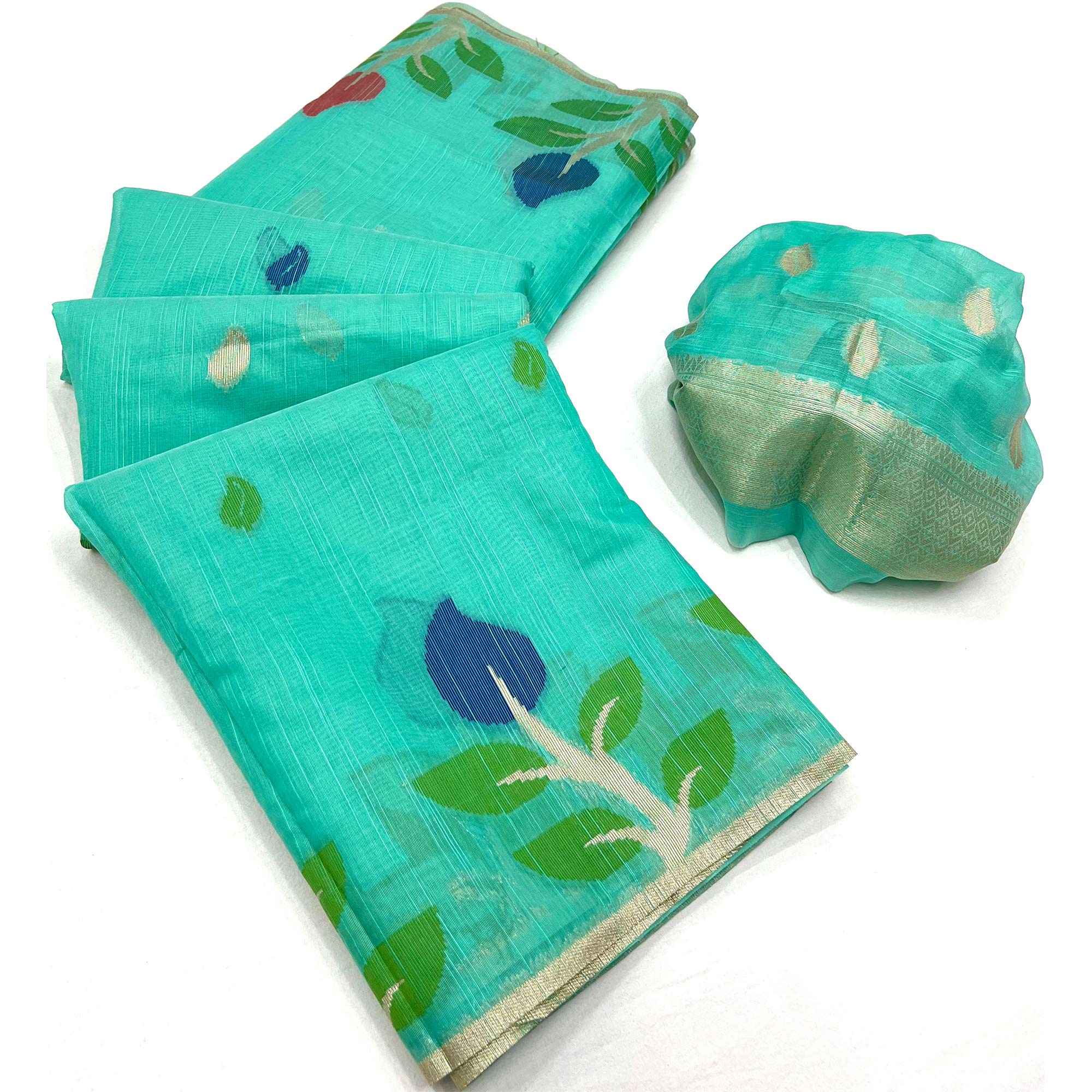 Rama Green Floral Woven Cotton Saree