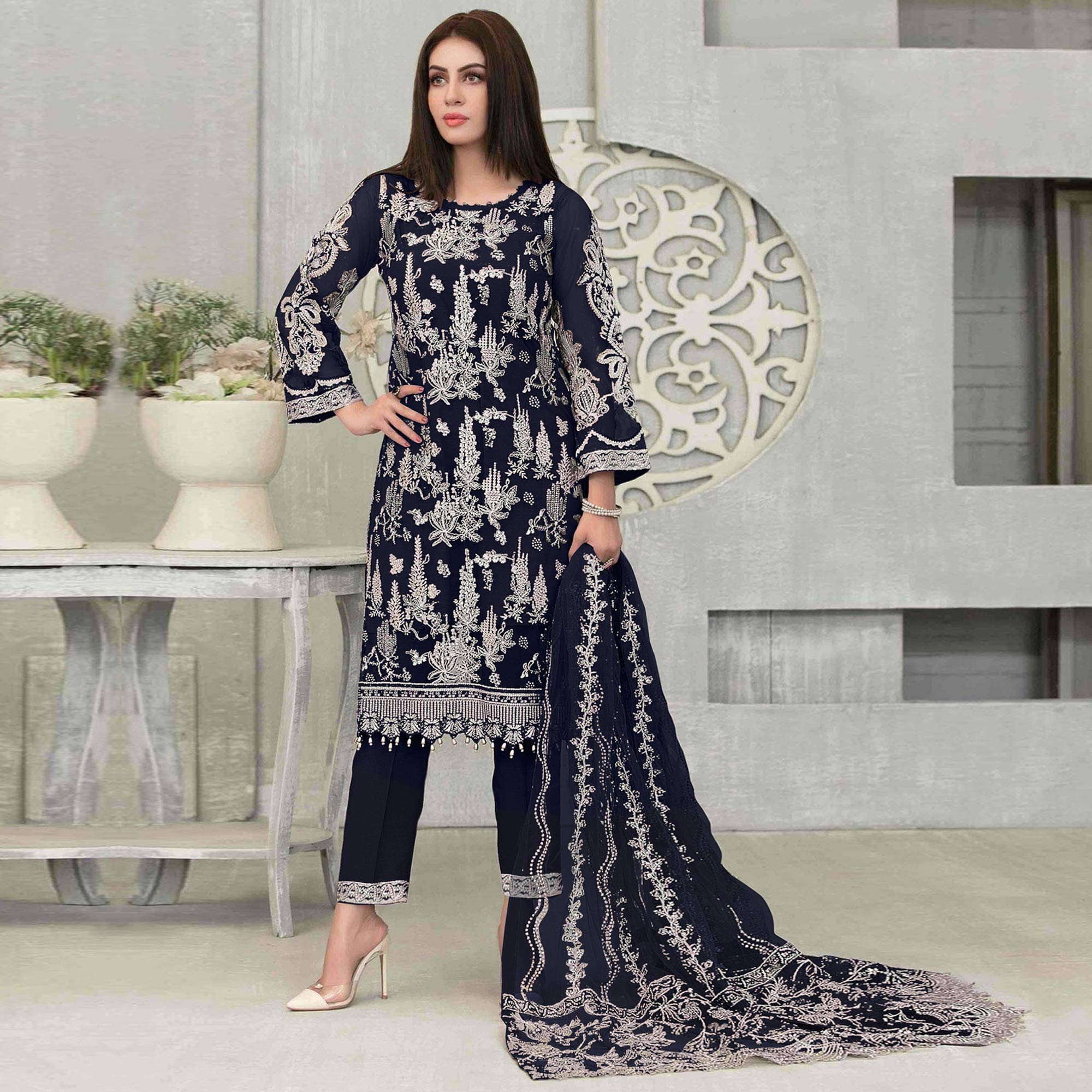 Navy Blue Floral Embroidered Georgette Pakistani Suit