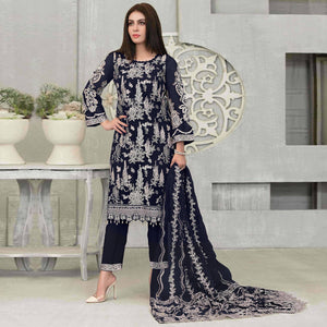Navy Blue Floral Embroidered Georgette Pakistani Suit