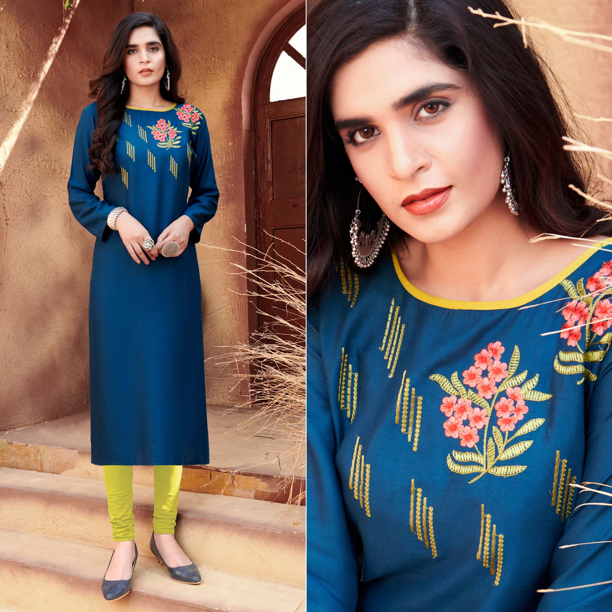 Blue Floral Embroidered Rayon Kurti