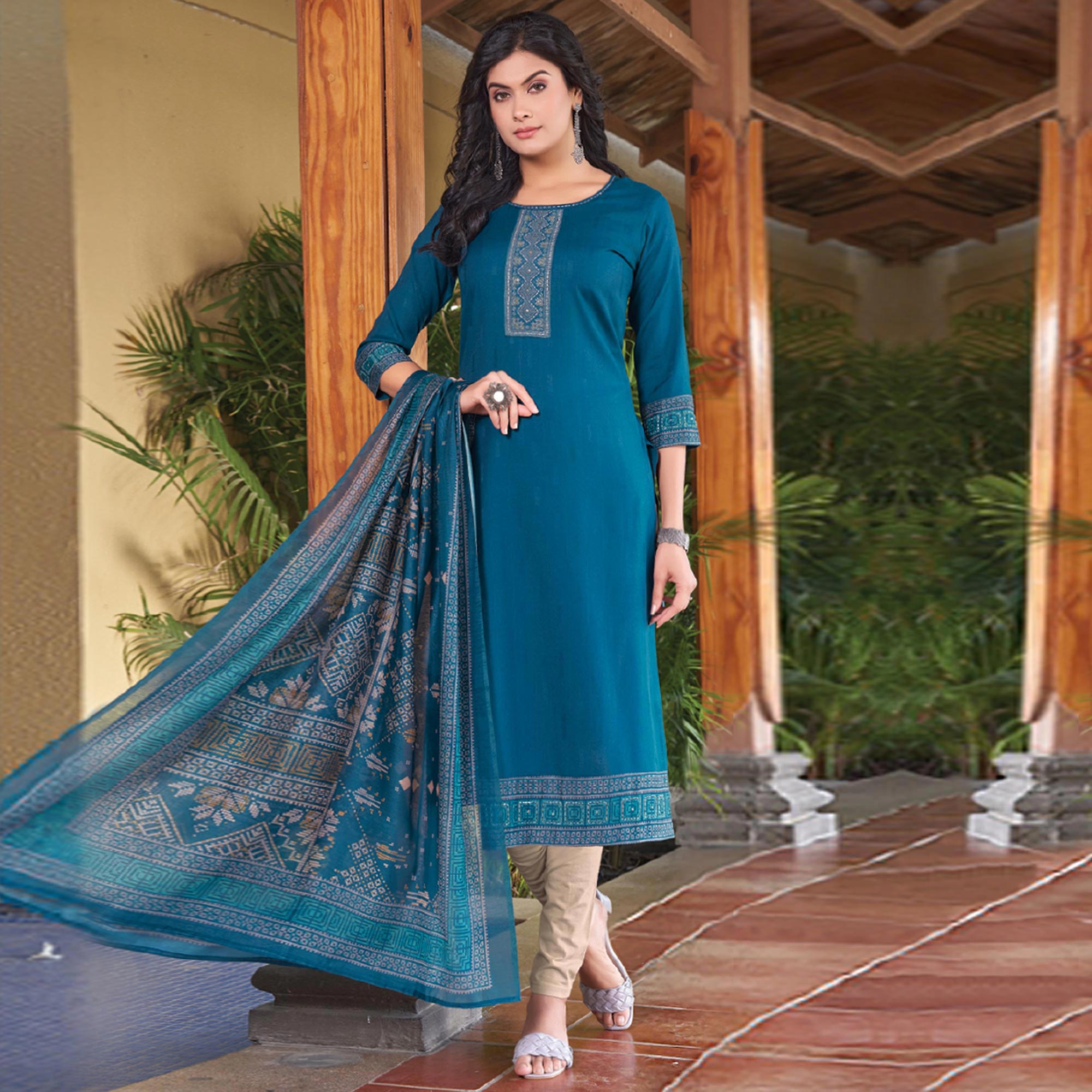 Blue Embroidered Rayon Kurti With Dupatta