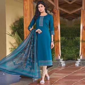 Blue Embroidered Rayon Kurti With Dupatta