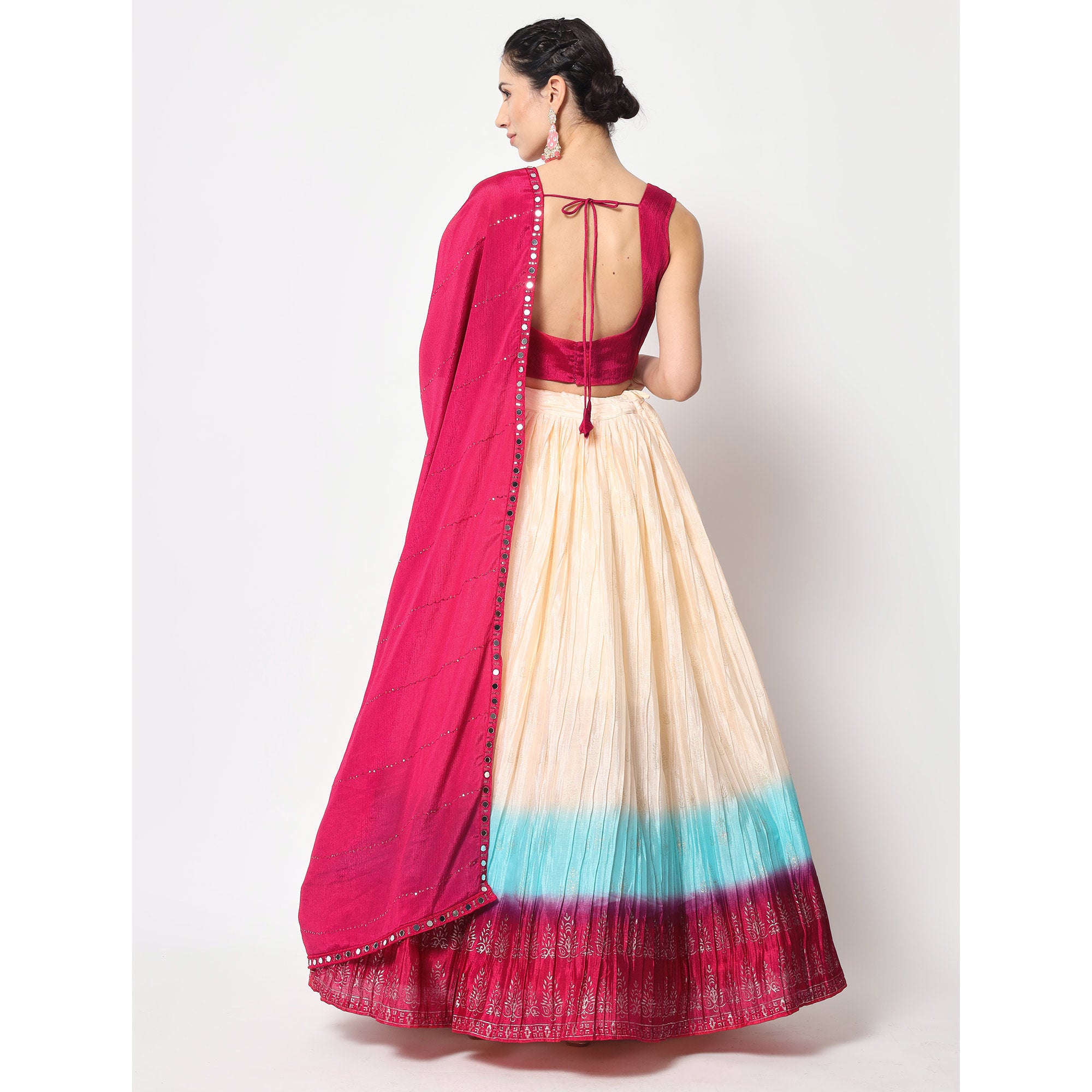 Cream Foil Printed Chiffon Lehenga Choli