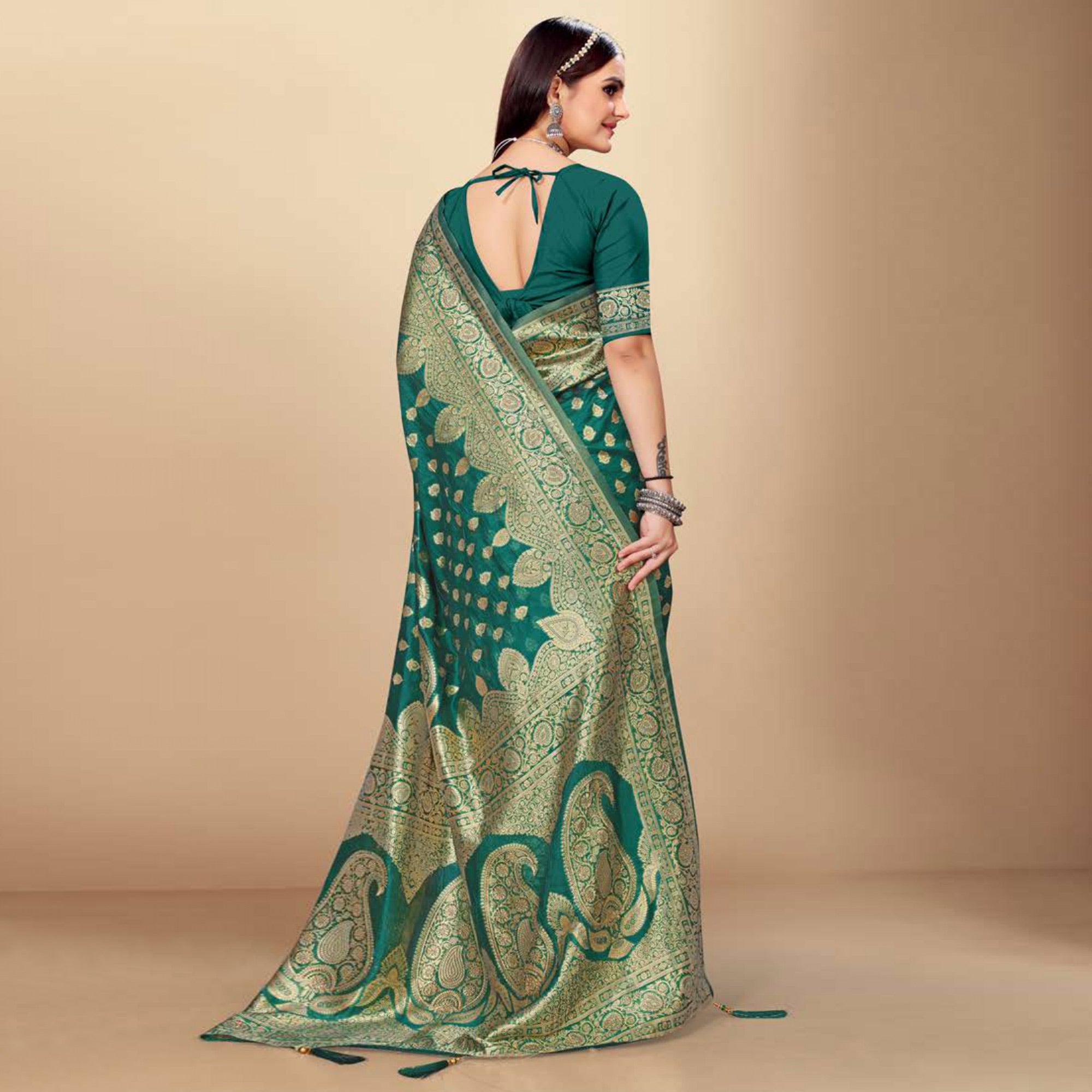 Green Woven Art Silk Saree With Tassels