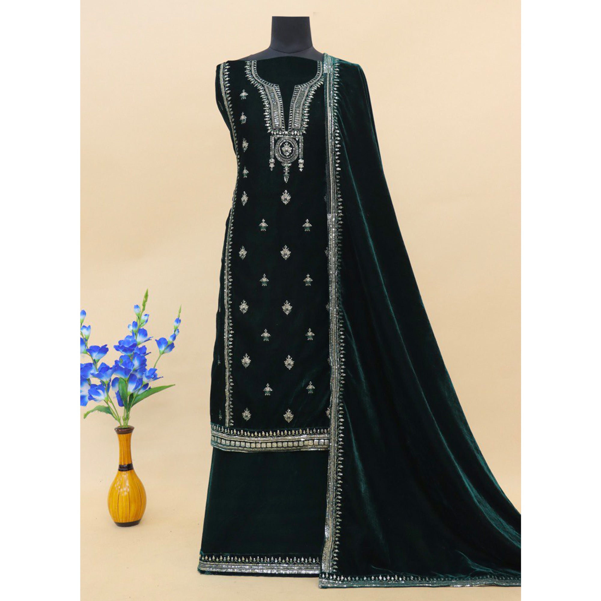 Green Embroidered Velvet Pakistani Suit