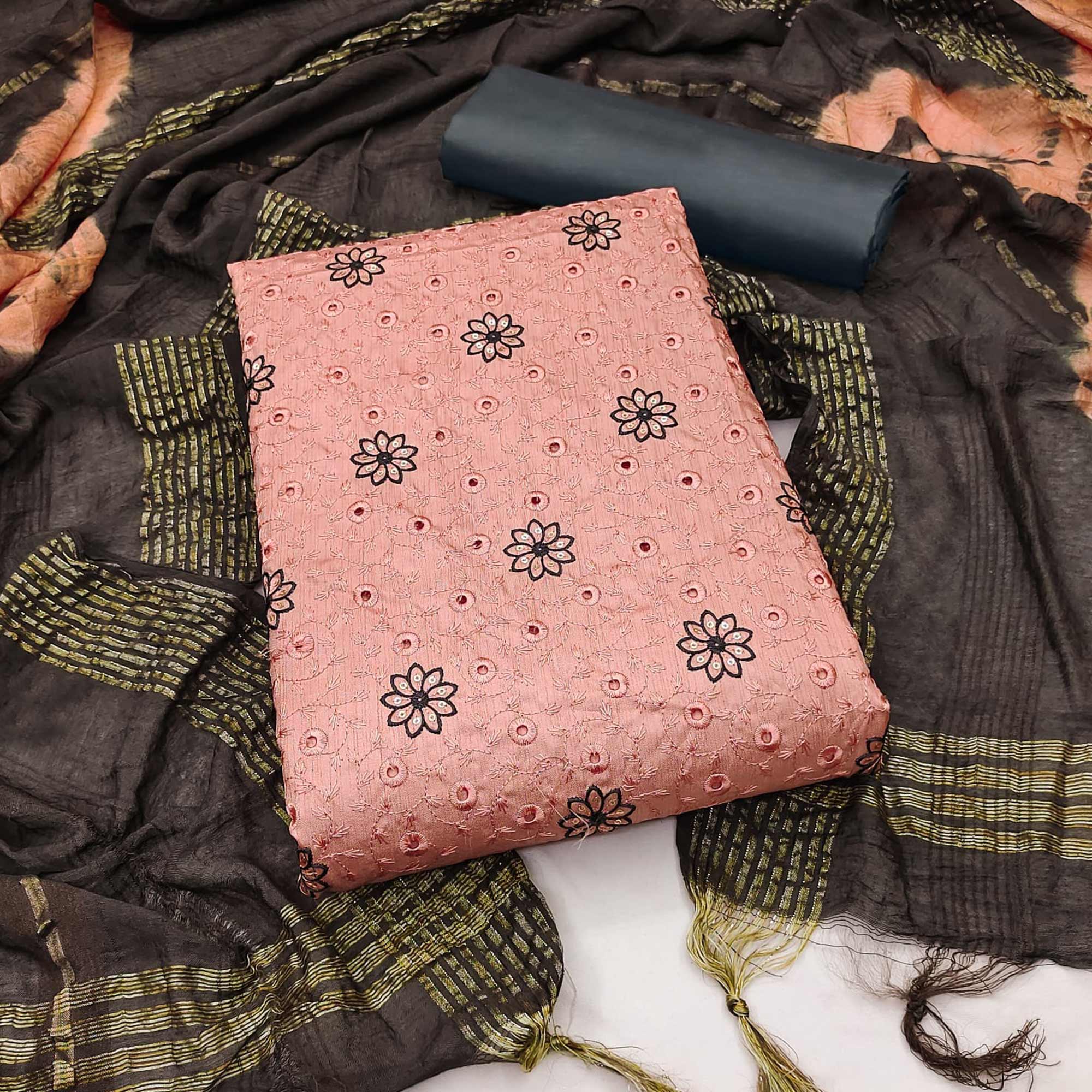 Peach Embroidered Raw Silk Dress Material