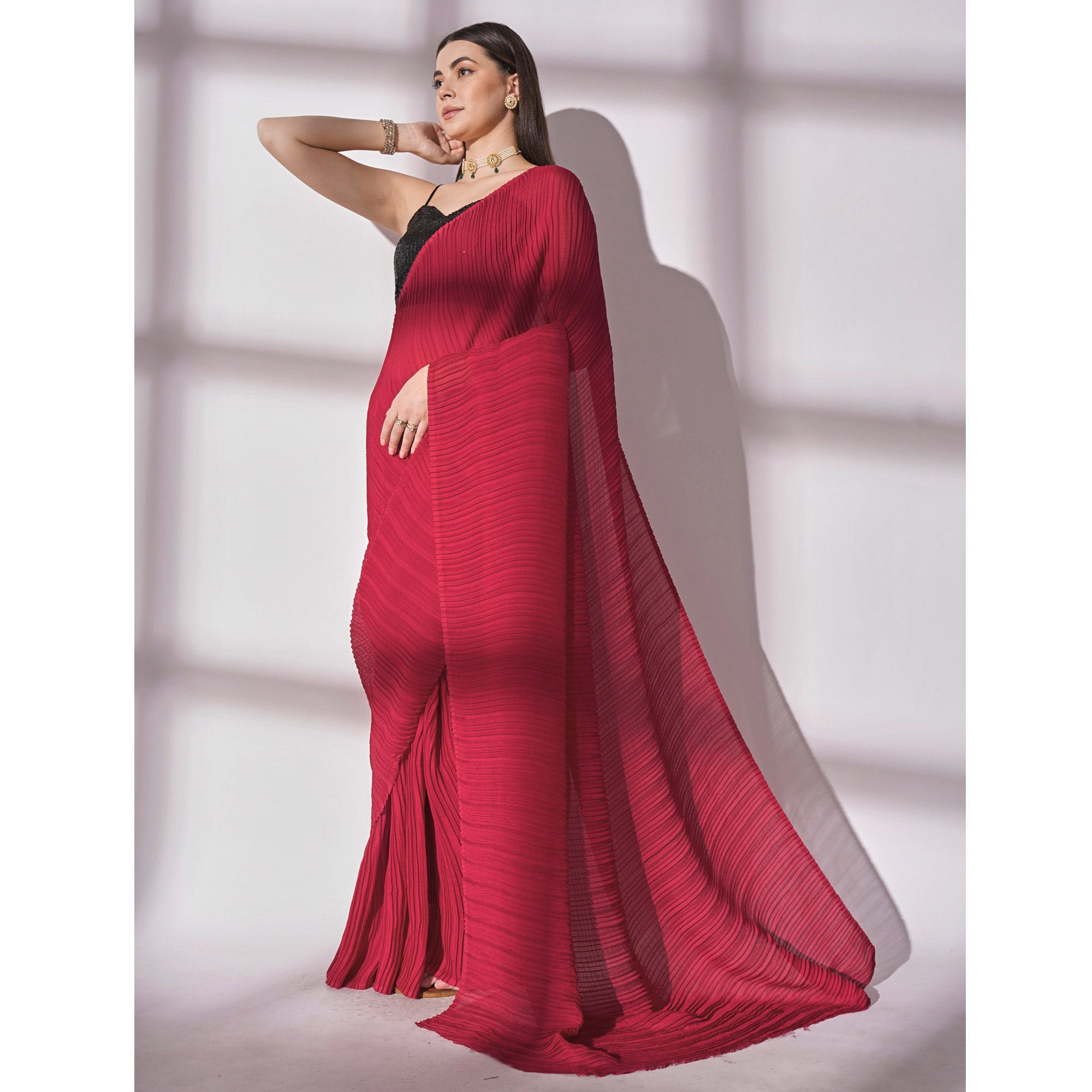 Pink Striped Pattern Georgette Saree
