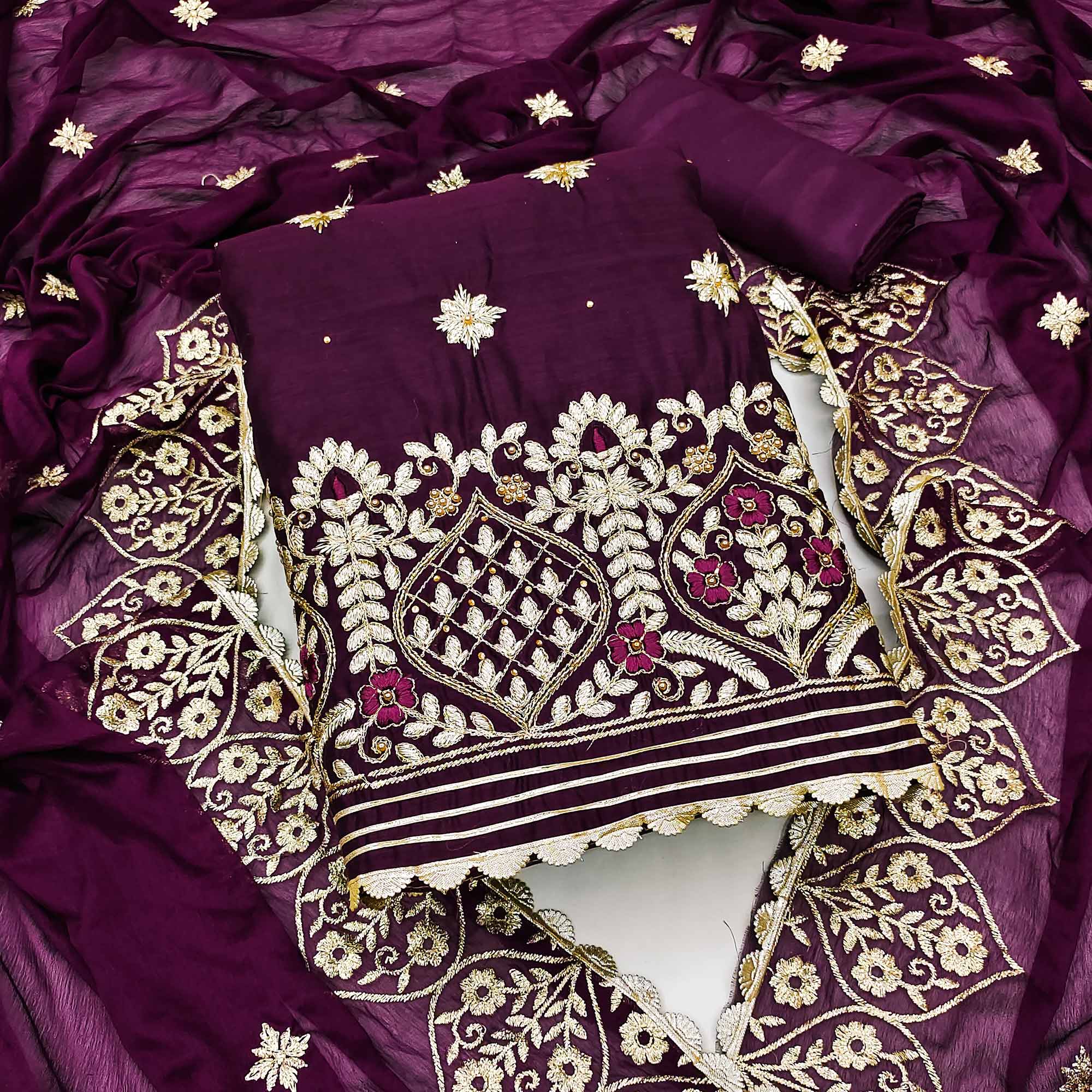 Wine Floral Embroidered Modal Dress Material