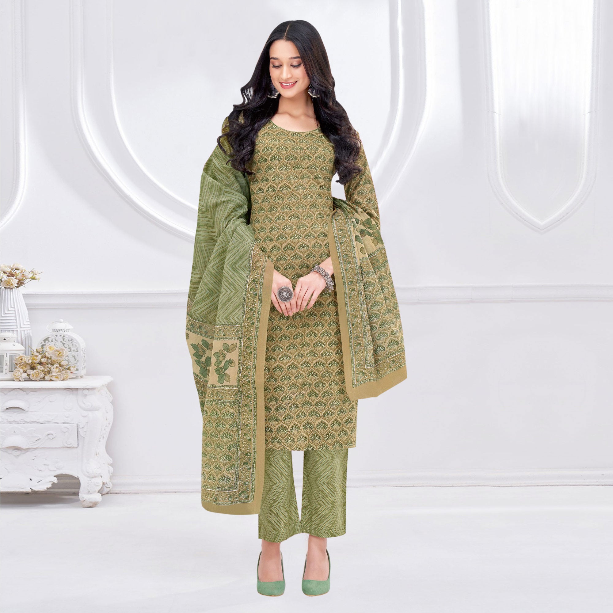 Olive Green Printed Pure Cotton Suit