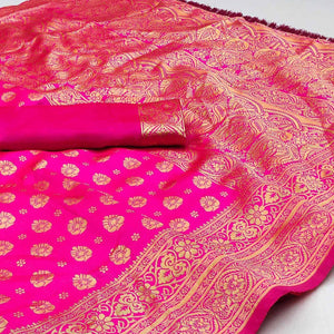 Magenta Pink Woven Jacquard Saree With Tassels