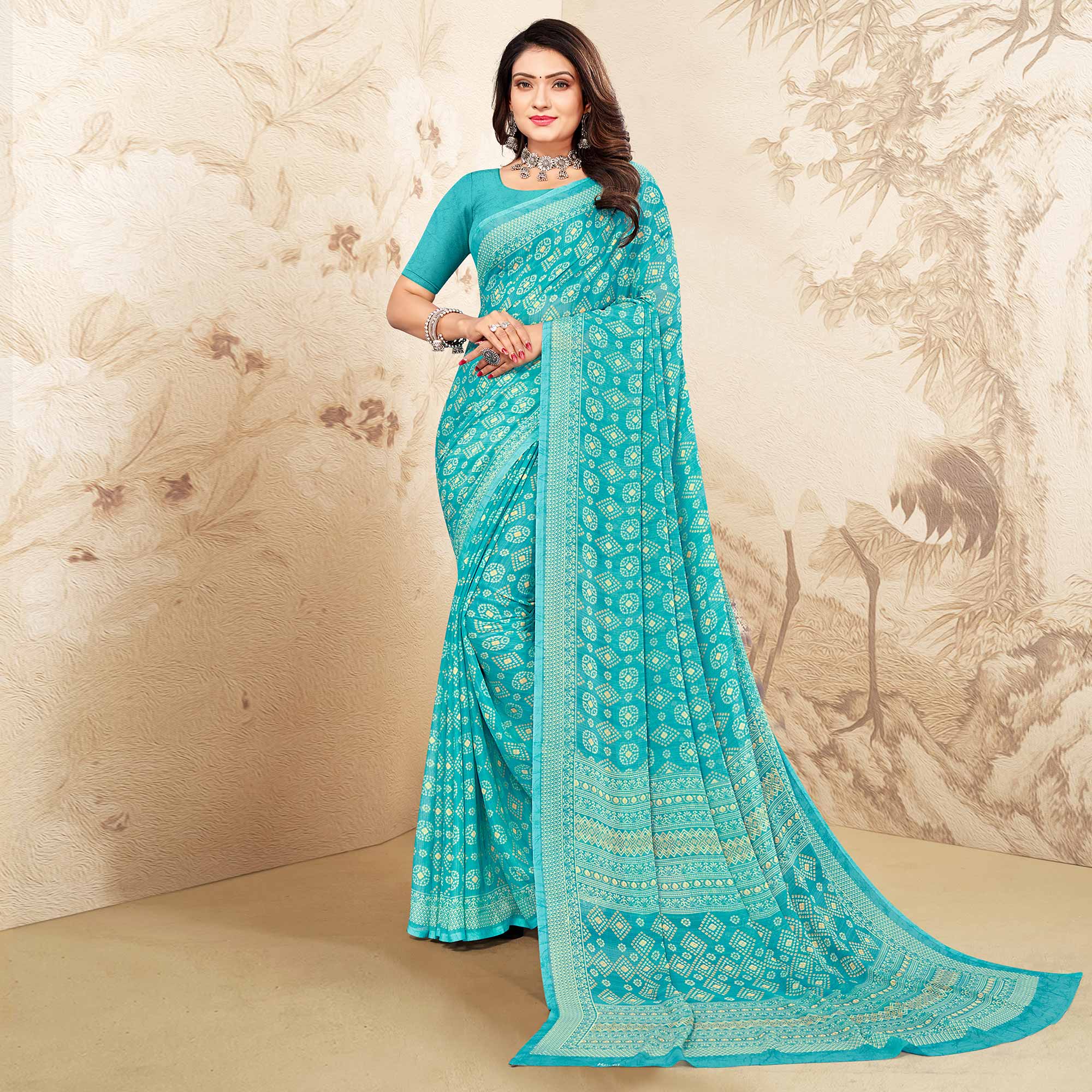 Blue Bandhani Printed Chiffon Saree