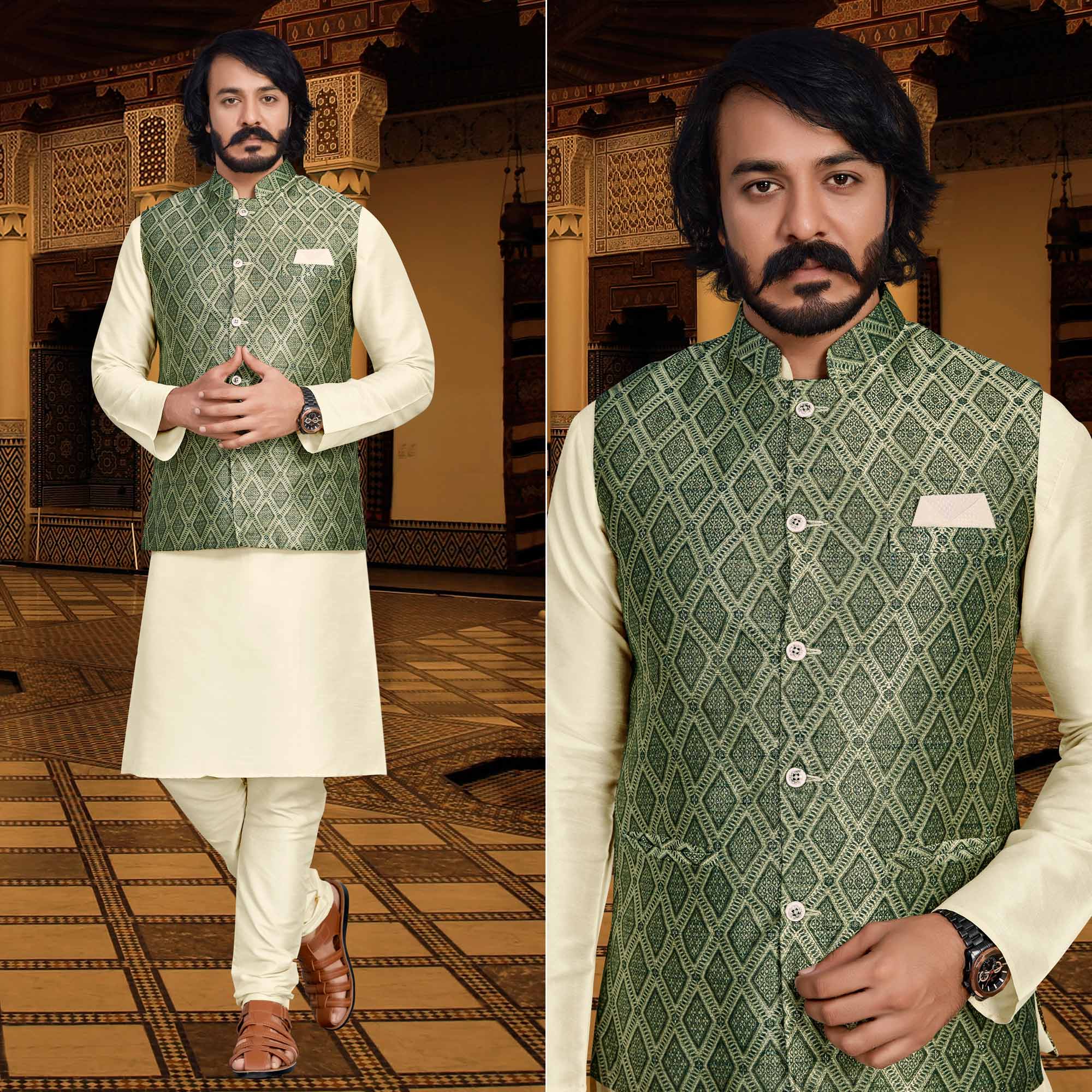 Cream Green Woven Art Silk Kurta Pyjama Set With Jacket